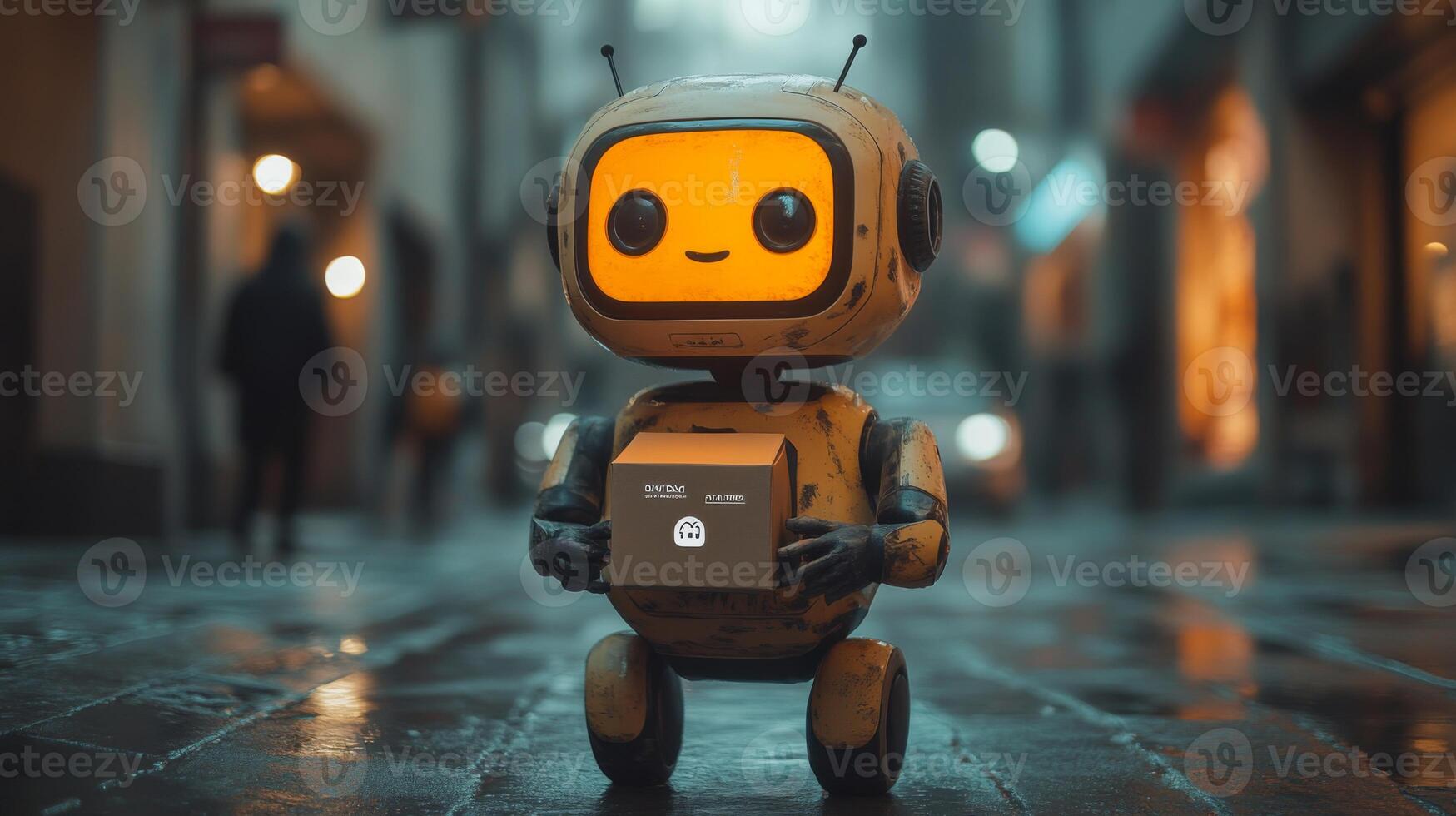 Robot delivery unit stands on a city street, showcasing advanced automation for last mile logistics. The cheerful design highlights technology's role in modern transportation. photo