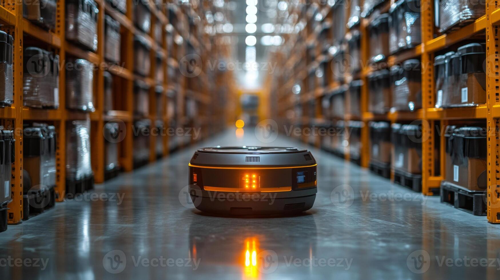 A robotic system navigates through an organized warehouse, streamlining transportation of goods between shelves and maximizing distribution efficiency during peak operation hours. photo