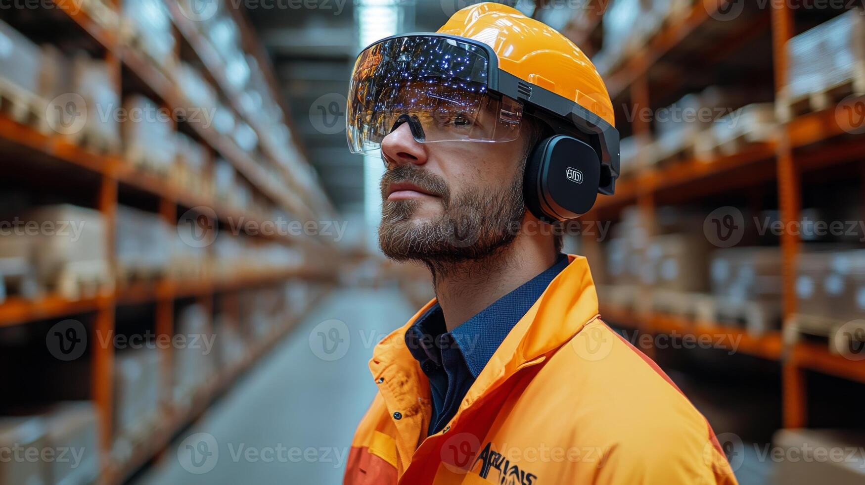 A logistics worker wearing a safety helmet and glasses examines inventory in a warehouse designed for automation and efficient transportation of goods across the distribution network. photo