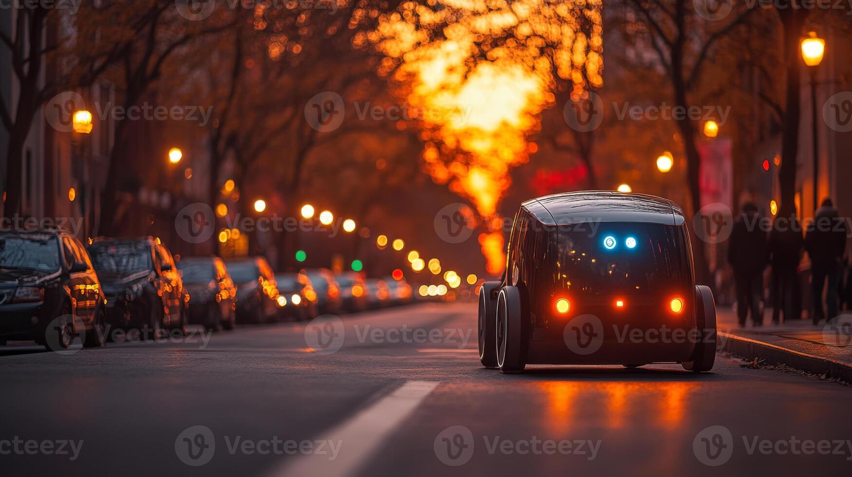 A robotic delivery vehicle moves along a city street illuminated by streetlights and a vibrant sunset, showcasing advancements in urban mobility and automation in logistics. photo