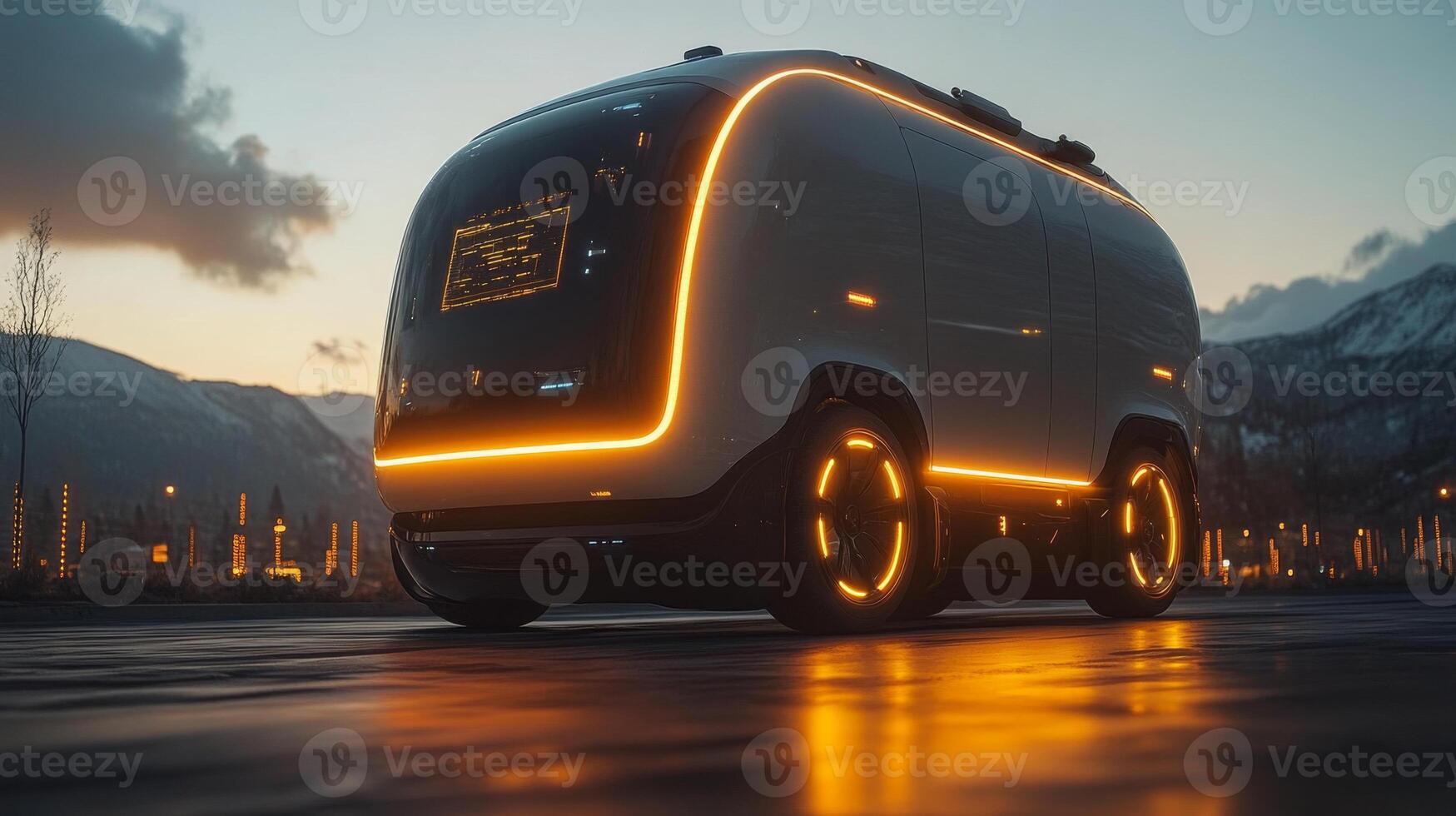 This autonomous delivery vehicle is parked on a city street at dusk, featuring bright lights and a sleek design. photo