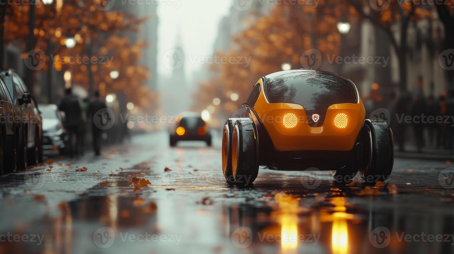 Autonomous delivery robots move along a wet city street adorned with fallen leaves and illuminated by city lights during a rainy evening, showcasing advancements in urban logistics. photo
