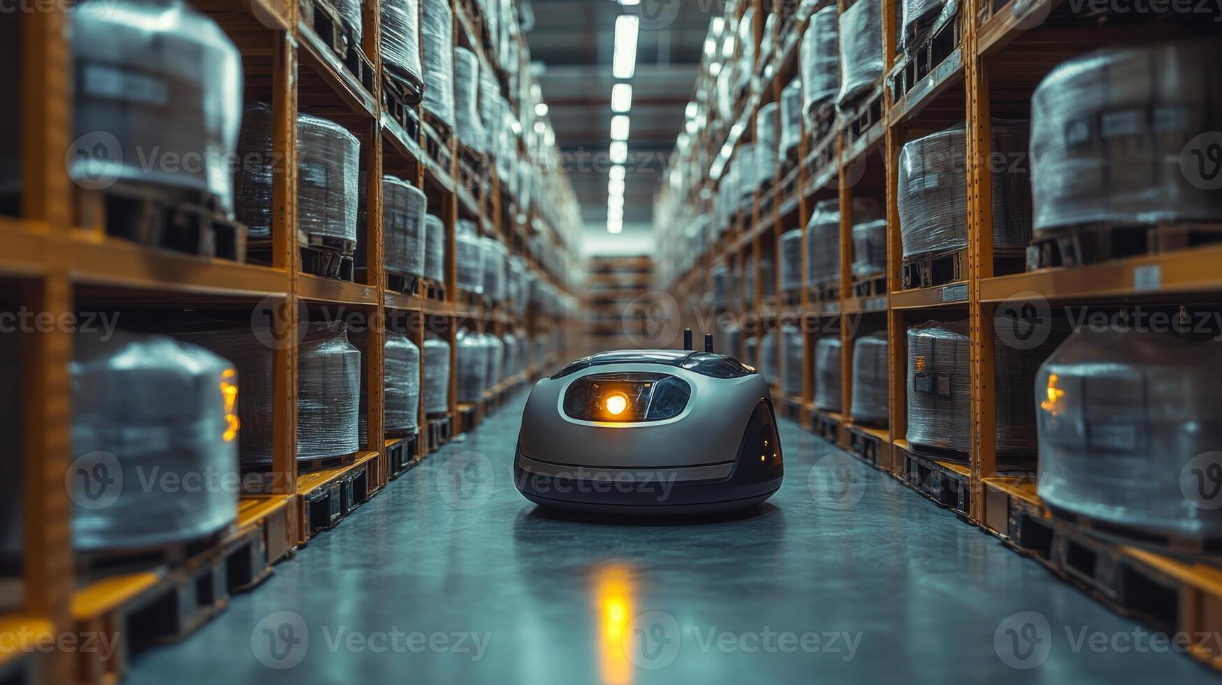 A small automated robot moves along a well organized warehouse aisle, working to manage inventory and support distribution activities in a logistics center focused on efficiency. photo