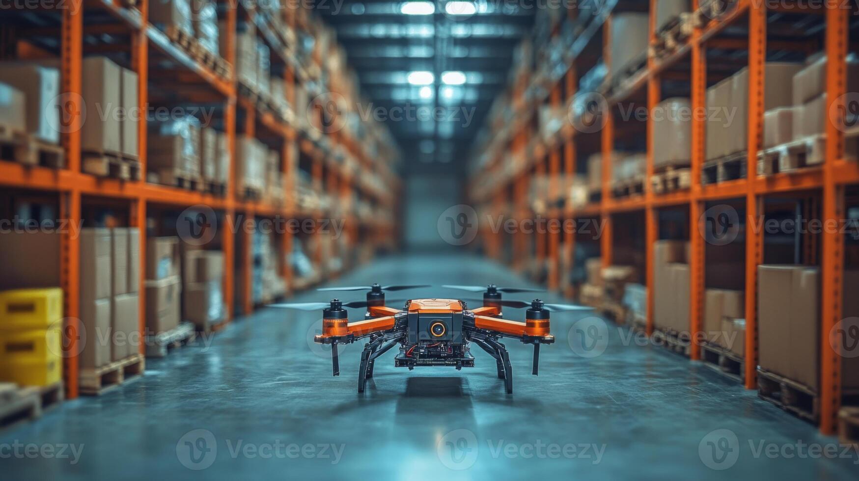 A drone is preparing for operation in a spacious warehouse filled with stacked cardboard boxes, illustrating advanced logistics and automated transportation methods for deliveries. photo