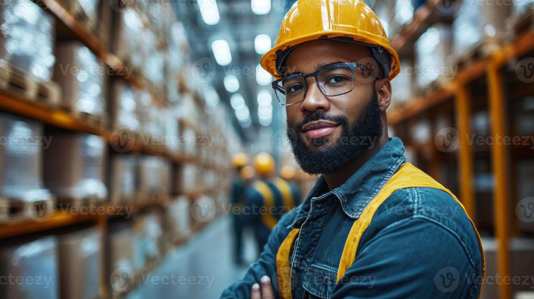 A man in safety gear stands confidently in a busy warehouse, where workers are engaged in transporting packages. The setting emphasizes logistics and streamlined operations. photo