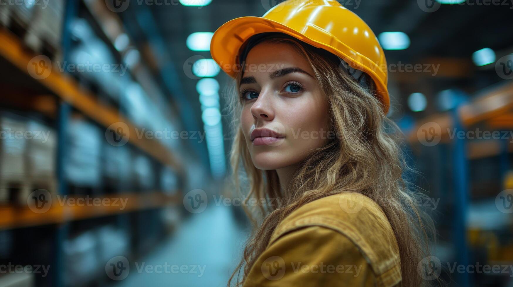 A woman wearing a yellow hard hat and work attire stands in a logistics center surrounded by shelves full of goods, overseeing warehouse activities and enhancing operational efficiency. photo