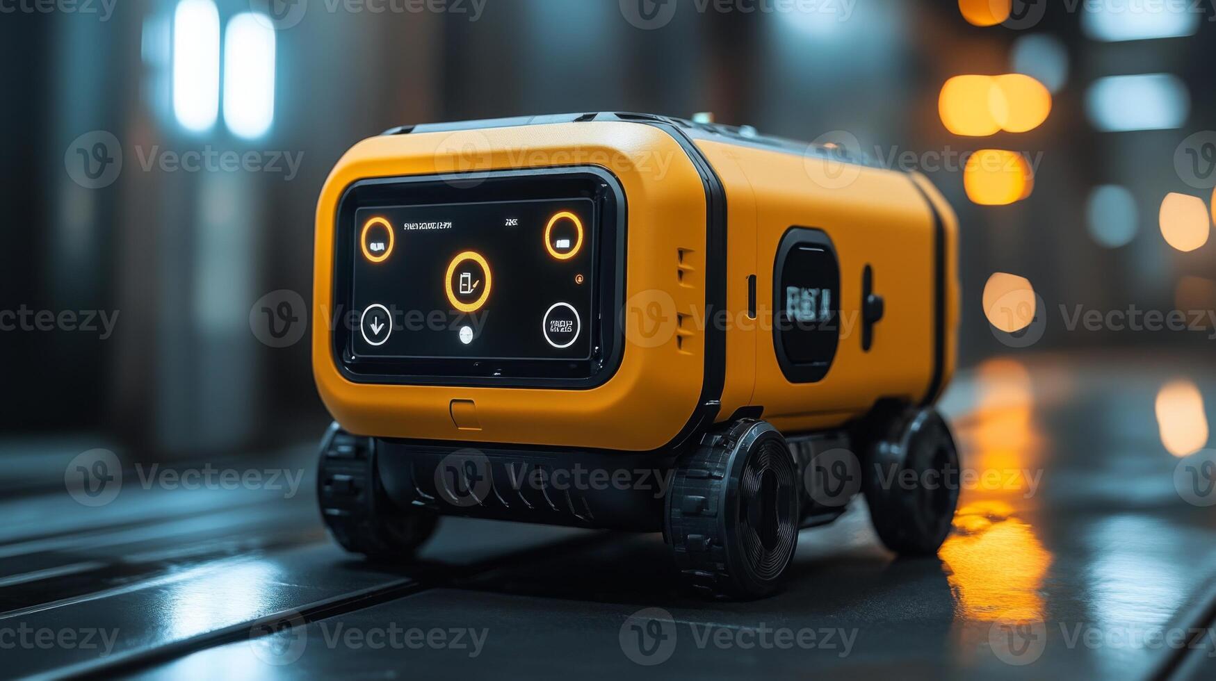 A compact robotic delivery unit is positioned on a smooth, modern surface with bright lighting, showcasing its sophisticated design for last mile logistics and autonomous transportation. photo