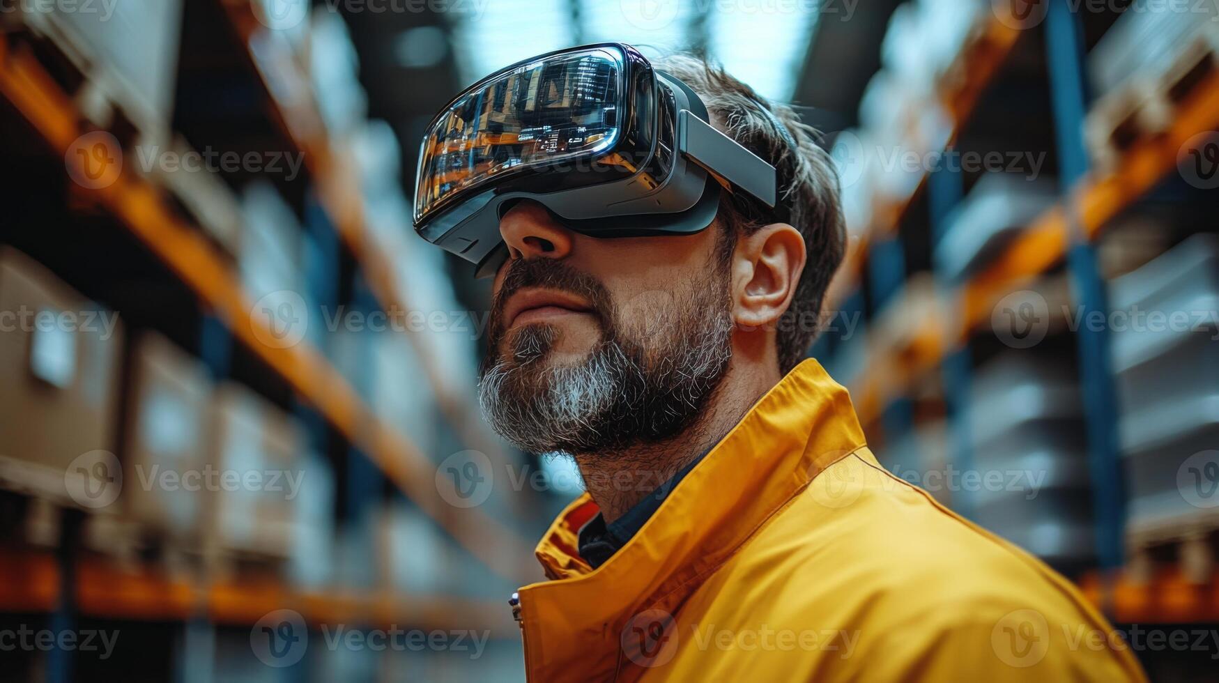 A professional wearing virtual reality goggles engages in advanced logistics management within a bustling warehouse. This technology enhances efficiency in fulfillment and distribution tasks. photo