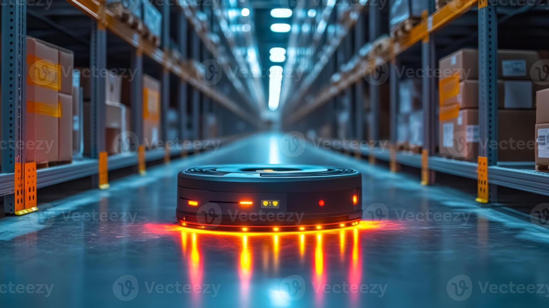 A robotic device navigates through a well organized warehouse, delivering goods and optimizing fulfillment processes while bright lights illuminate the aisles. photo