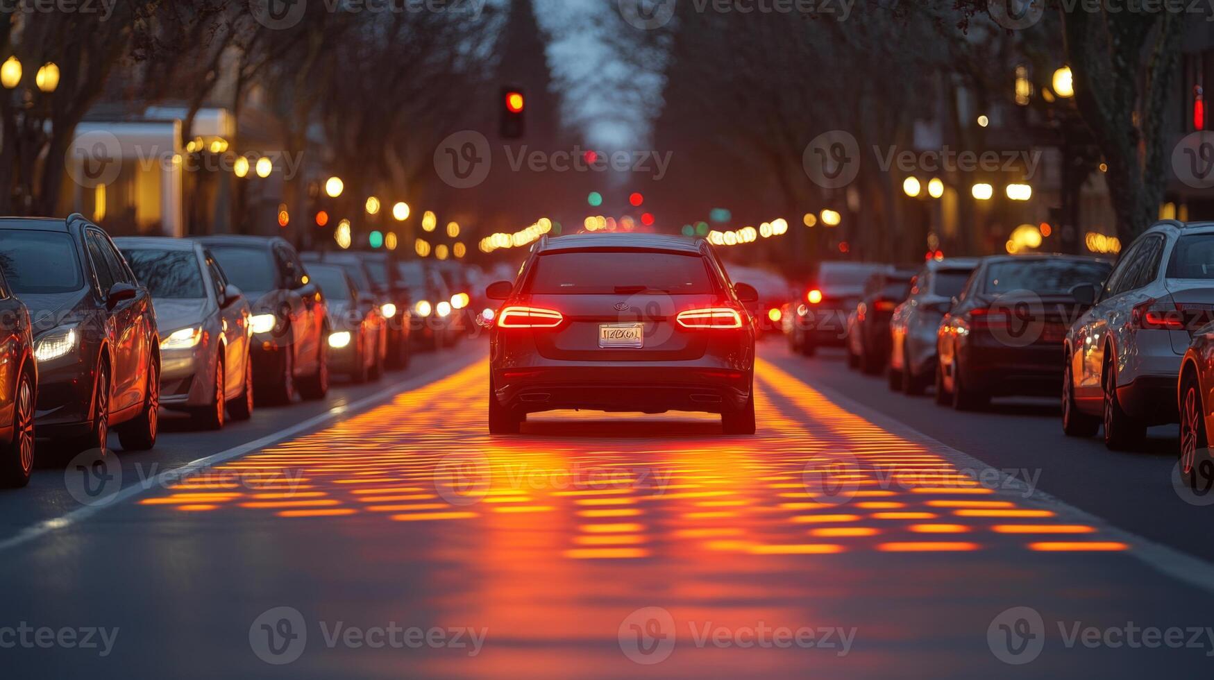 Vehicles navigate a bustling urban street equipped with advanced connectivity features. Smart road technology uses sensors to optimize traffic flow and enhance safety at dusk. photo