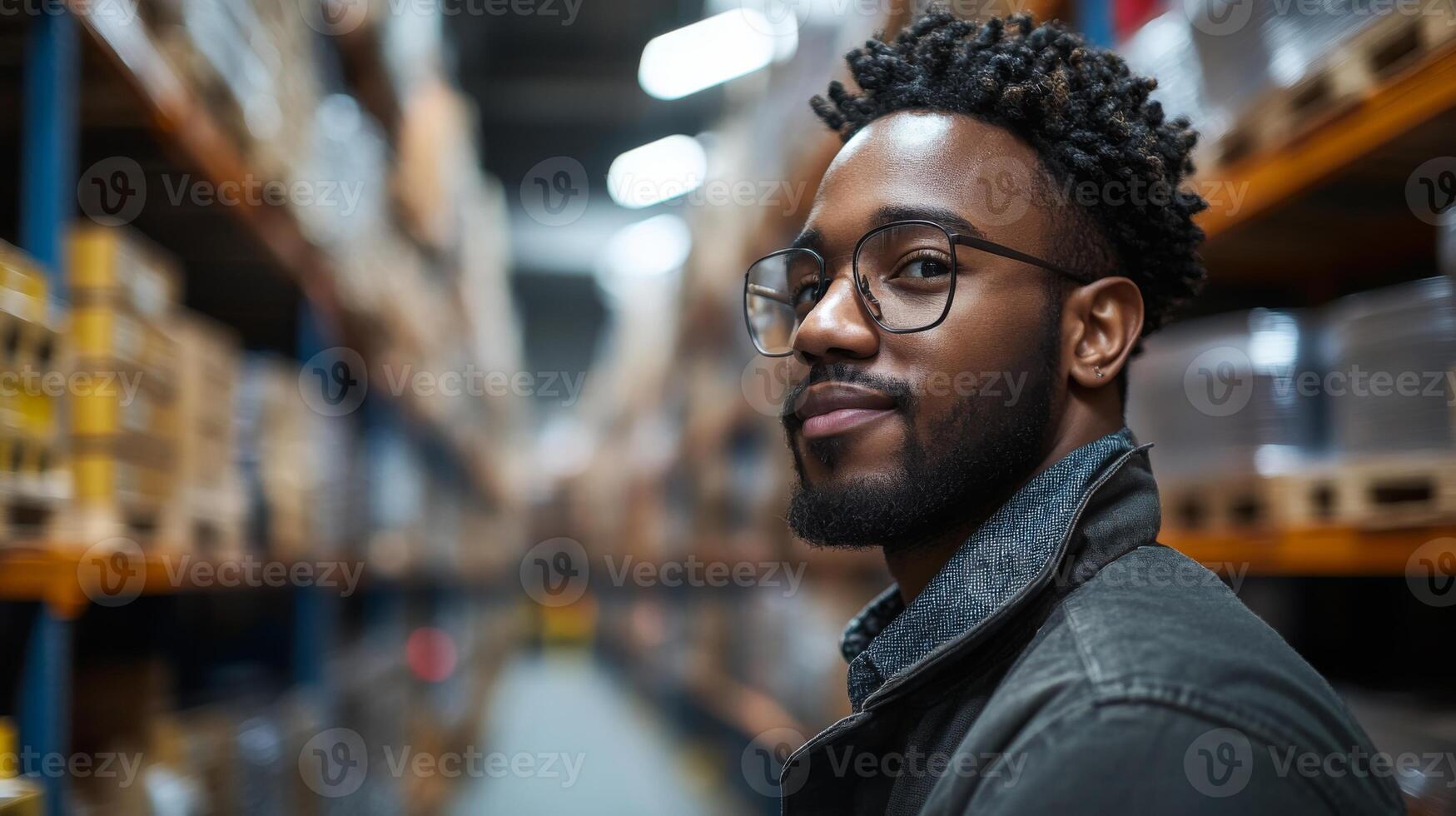 A young man stands in a busy warehouse, overseeing logistics operations. He is engaged in the fulfillment process within a vast inventory storage area, ensuring efficiency. photo