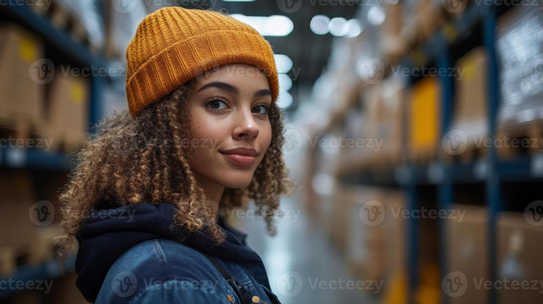A young woman with curly hair and an orange beanie is looking toward the camera in a logistics center filled with shelves and boxes. She is part of a modern fulfillment operation. photo