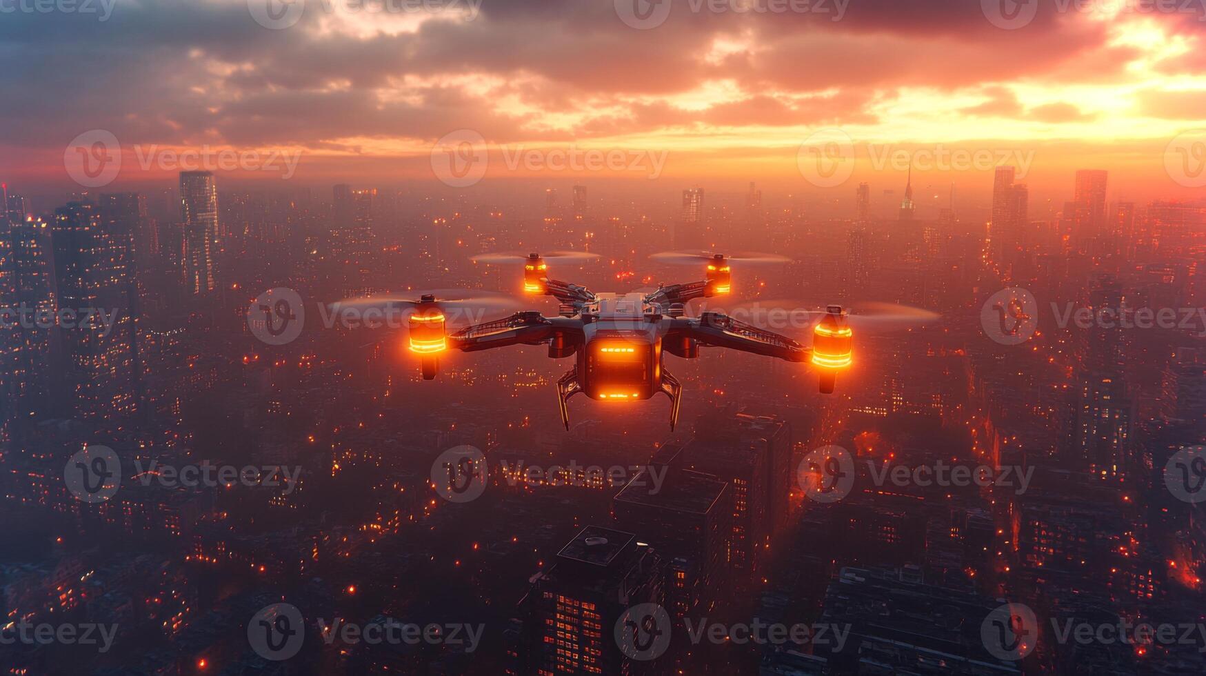 A drone operates during sunset, navigating through a vibrant city skyline while engaged in last mile delivery logistics. The scene showcases automation in transport technology. photo