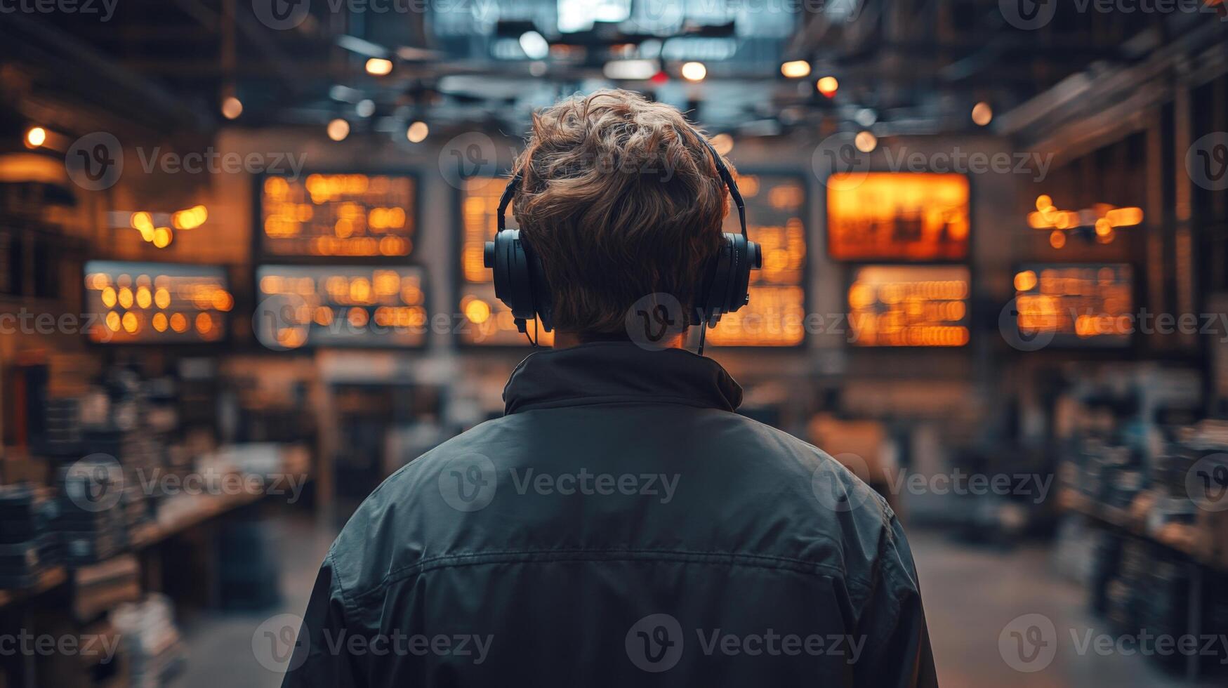 A person wearing headphones observes the vibrant operations inside a logistics center. Automated systems enhance mobility and efficiency during warehouse activities. photo