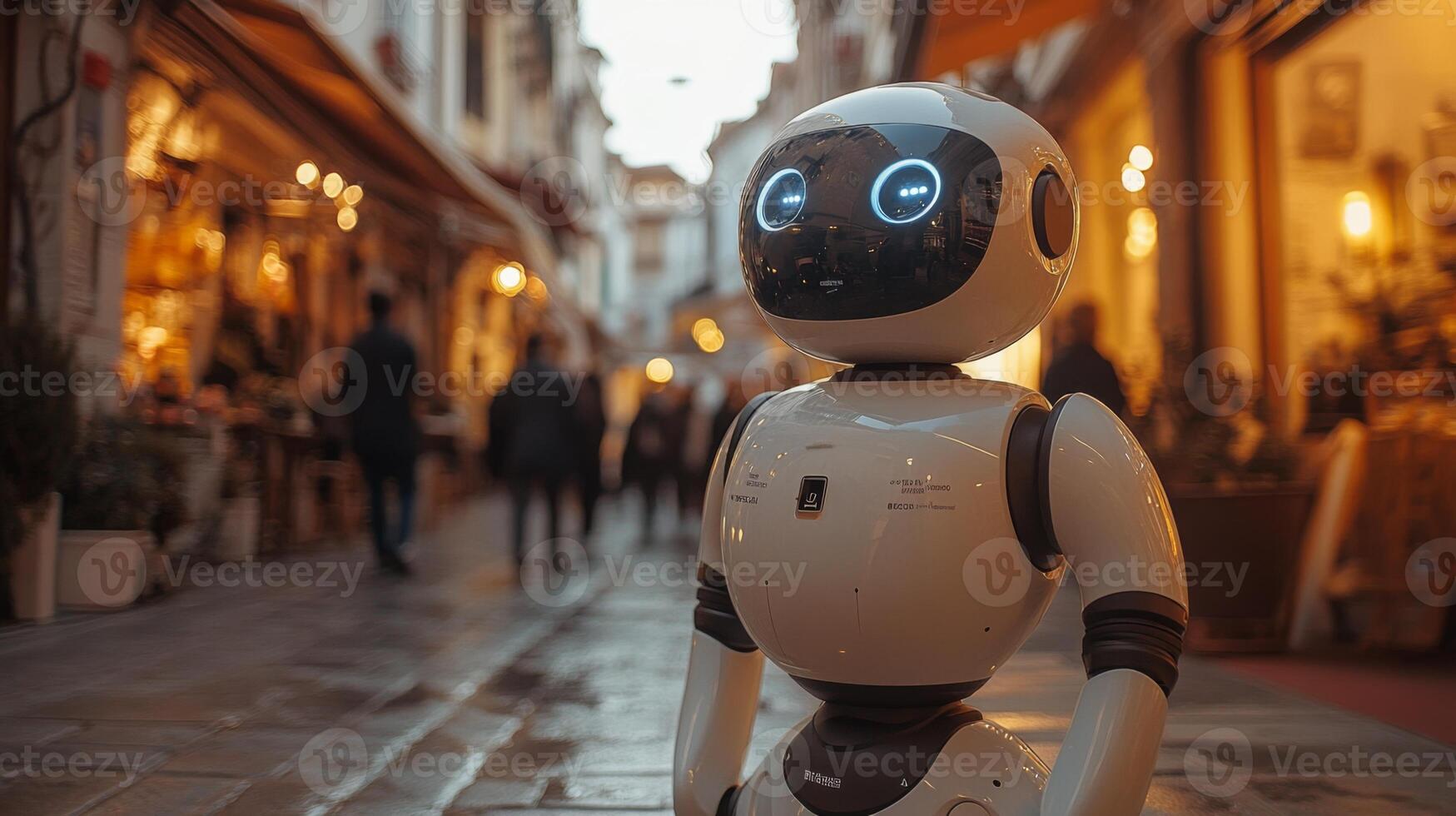 A robotic delivery assistant is seen on a bustling street where people move past shops and cafes during the evening. The area is illuminated by warm lights, enhancing the lively atmosphere. photo