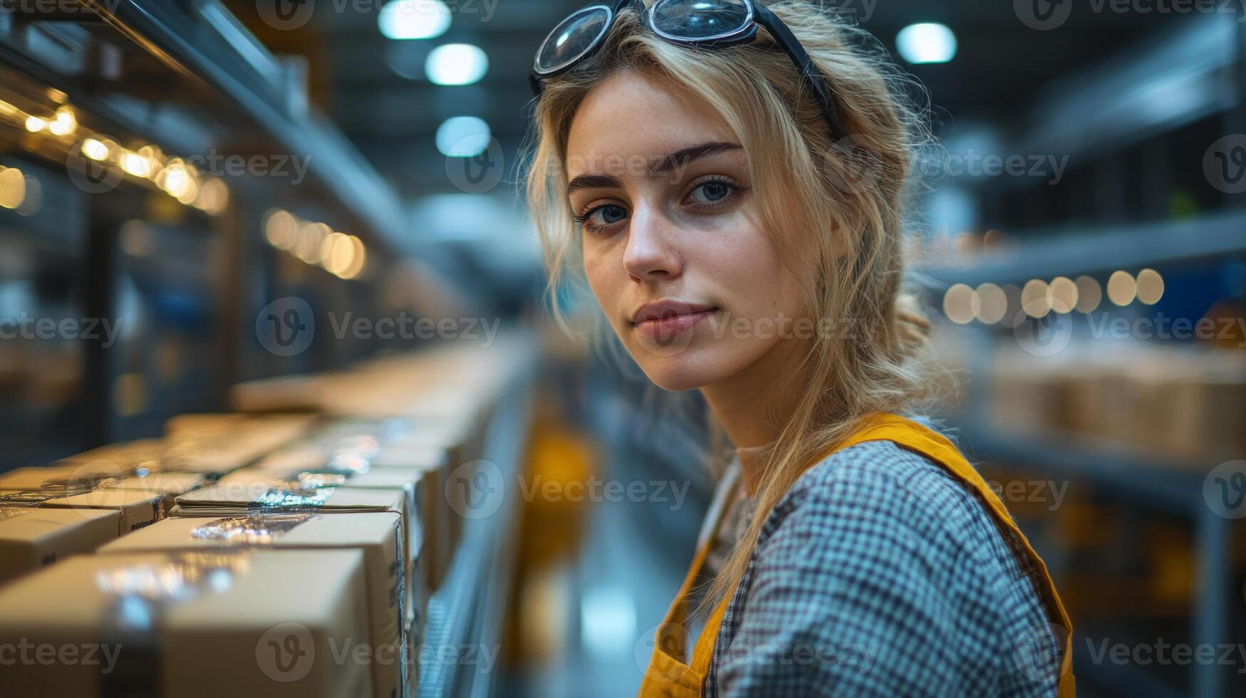 A young woman in a warehouse setting is checking packages on the shelves as part of the logistics operations. The facility is equipped with advanced automation technology for efficiency. photo