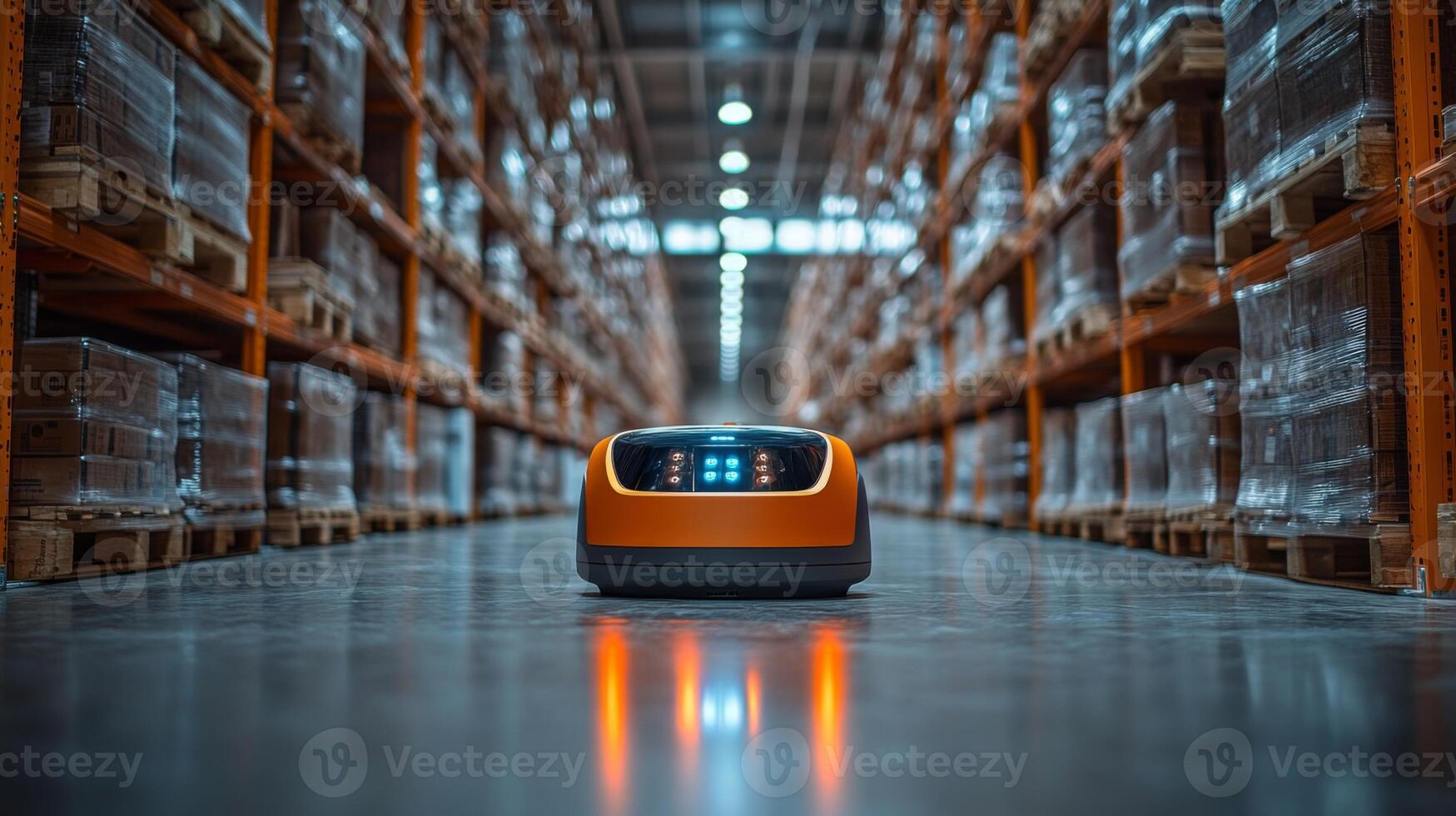 A sleek automated robot navigates through a wide warehouse aisle lined with wooden pallets, optimizing transportation and logistics for distribution and fulfillment. photo