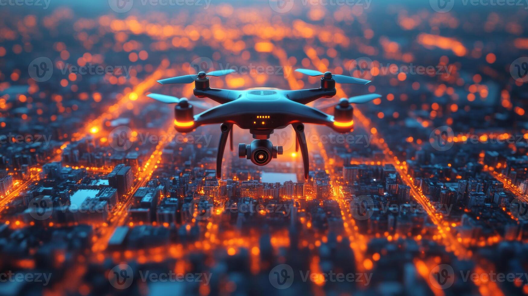 A drone hovers dynamically above a sprawling cityscape, illuminated by golden lights, playing a crucial role in modern logistics and last mile delivery solutions after sunset. photo