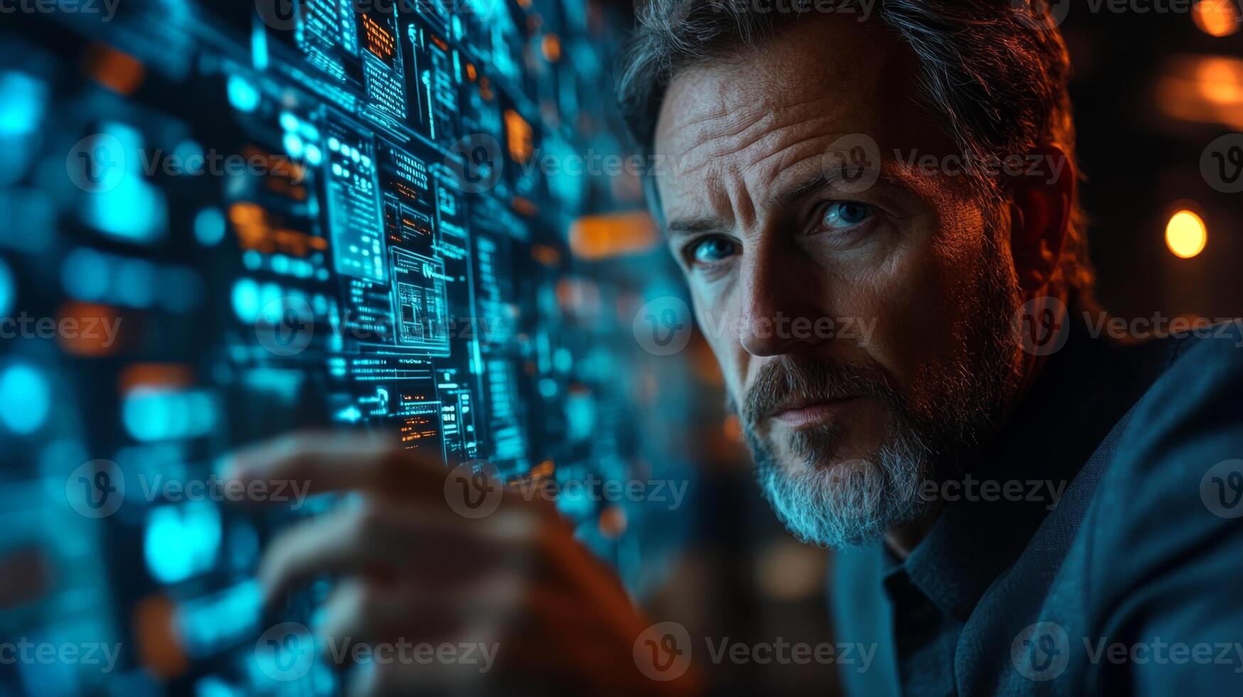 A logistics expert focuses on dynamic data visualizations on a futuristic display. The setting showcases advanced technology in a fulfillment center aimed at optimizing supply chain operations. photo