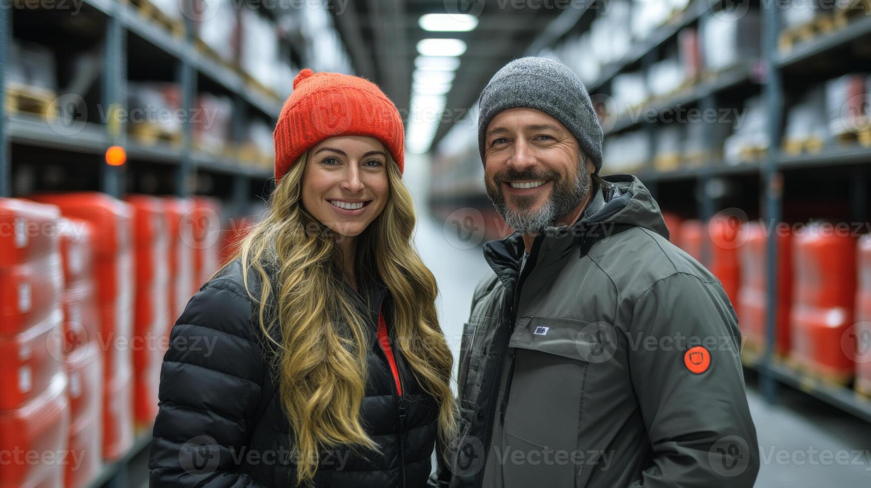 Two logistics experts stand confidently in a well organized warehouse filled with stocked shelves. Their commitment to transportation and automation is evident. photo