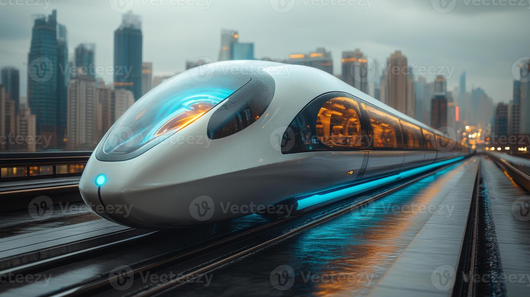 A sleek, futuristic train is positioned on elevated tracks amidst a bustling city skyline, showcasing advancements in logistics, mobility, and autonomous transportation technologies. photo