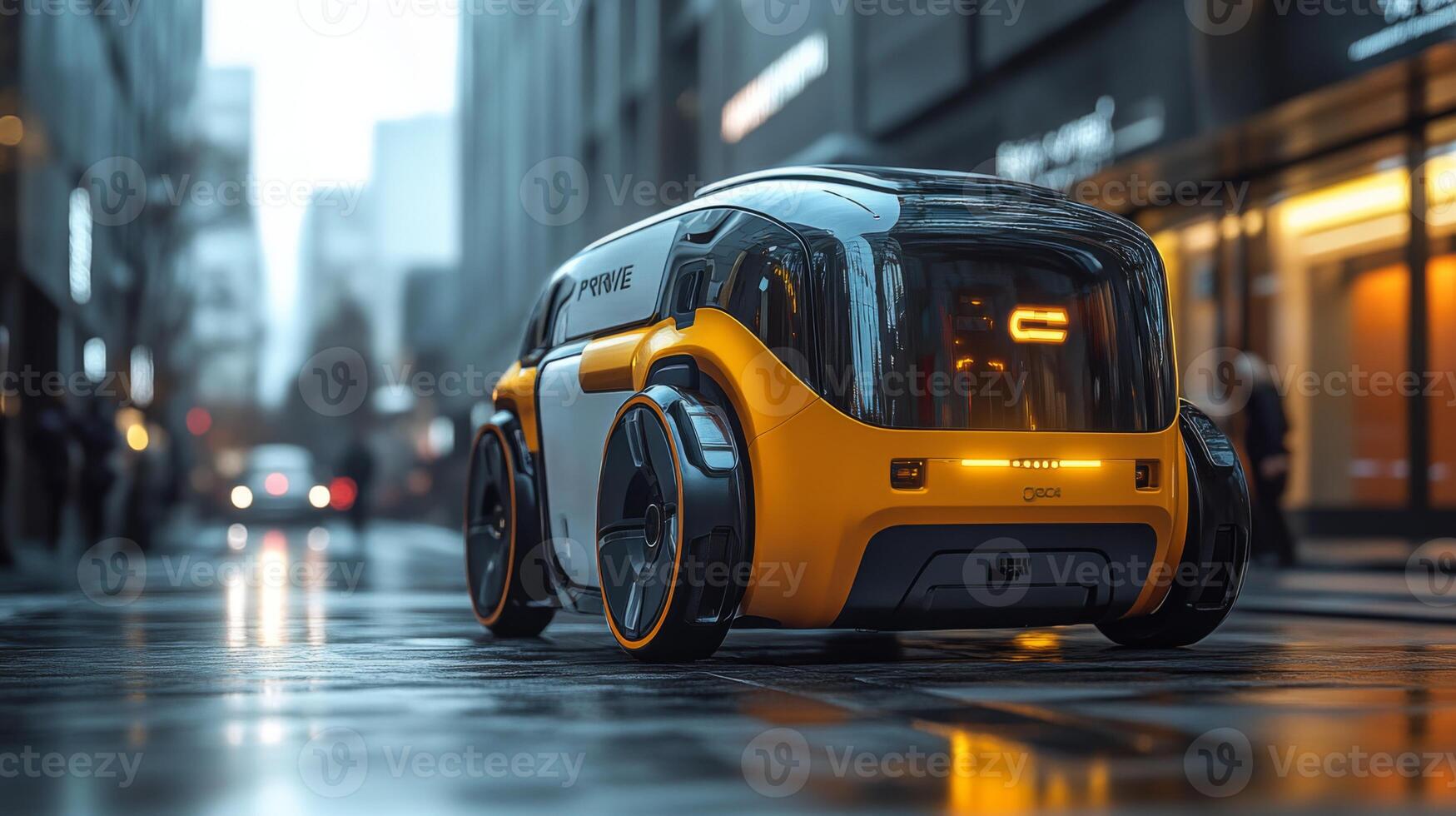 A futuristic autonomous delivery vehicle is maneuvering through a bustling city street, showcasing advanced design and mobility features while urban life unfolds around it. photo