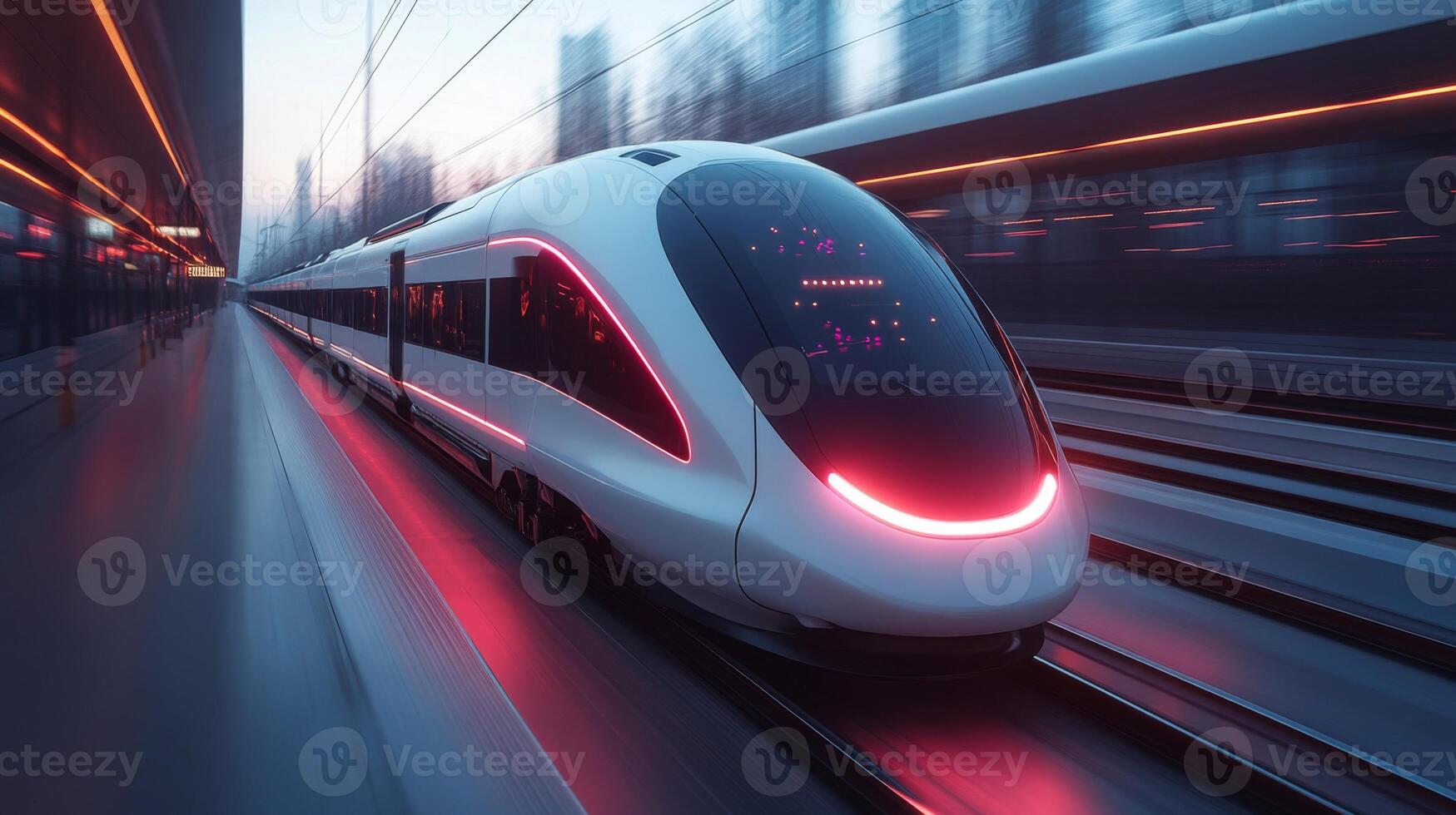 A futuristic smart train rapidly approaches the station, illuminated by vibrant lights, highlighting advancements in automation and urban mobility solutions for efficient transportation. photo