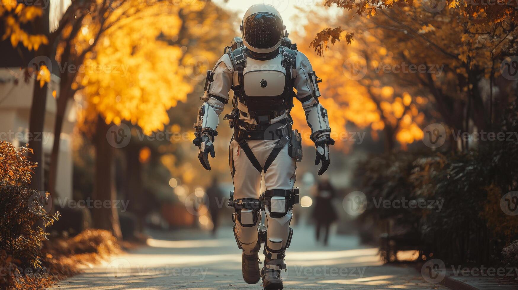 A humanoid robot in a white suit walks through a tree lined street with autumn foliage, showcasing advancements in automated transportation and logistics in a serene urban environment. photo