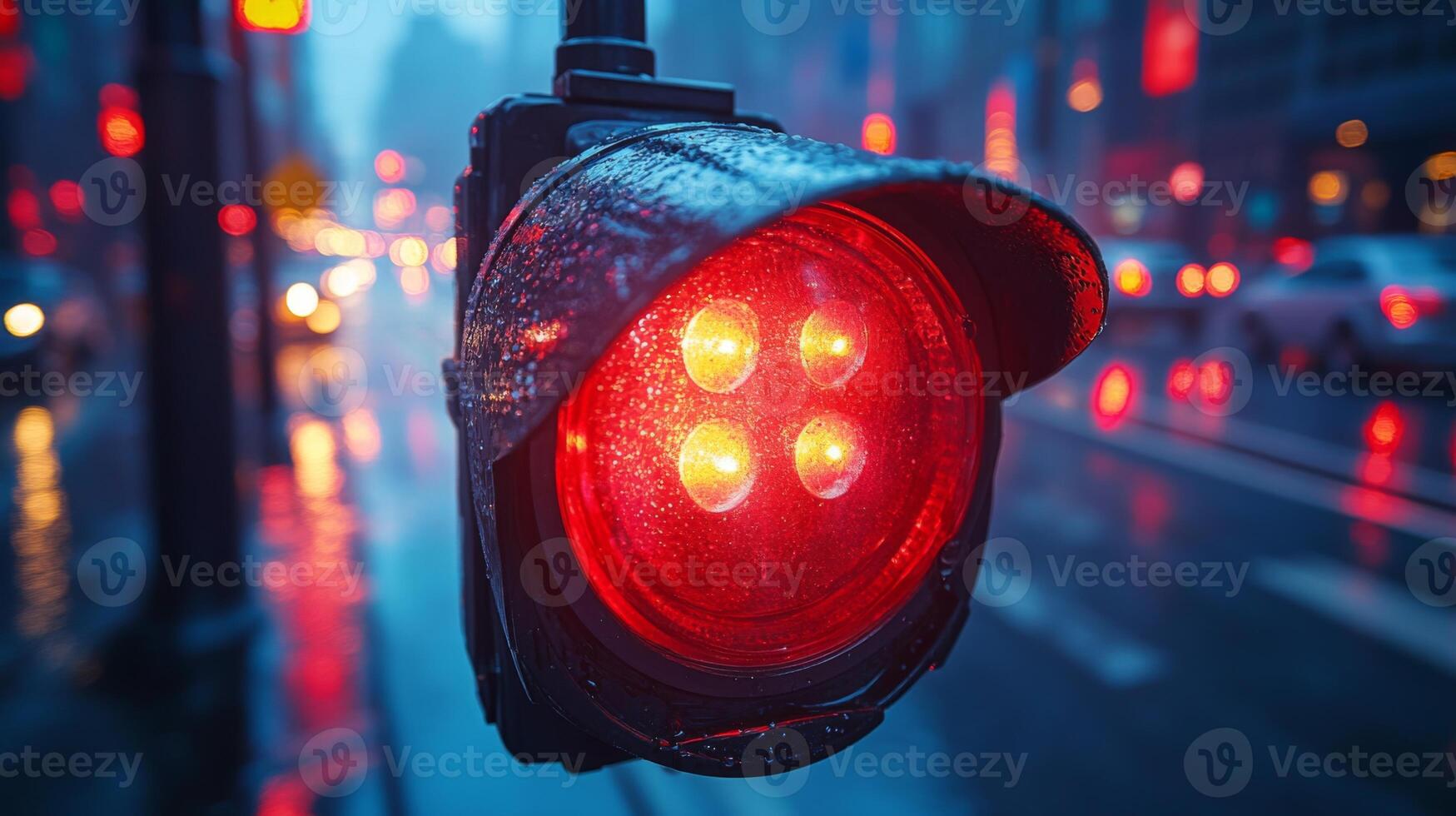 Red traffic signal stands out against a rainy urban backdrop at dusk, symbolizing the integration of technology and safety in modern mobility and transport systems. photo