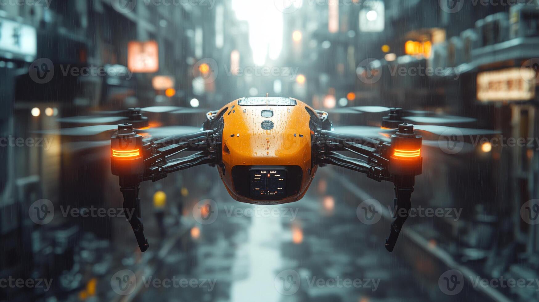 A drone hovers above a wet urban street, demonstrating advanced technology in logistics and delivery services while highlighting the future of autonomous transportation. photo