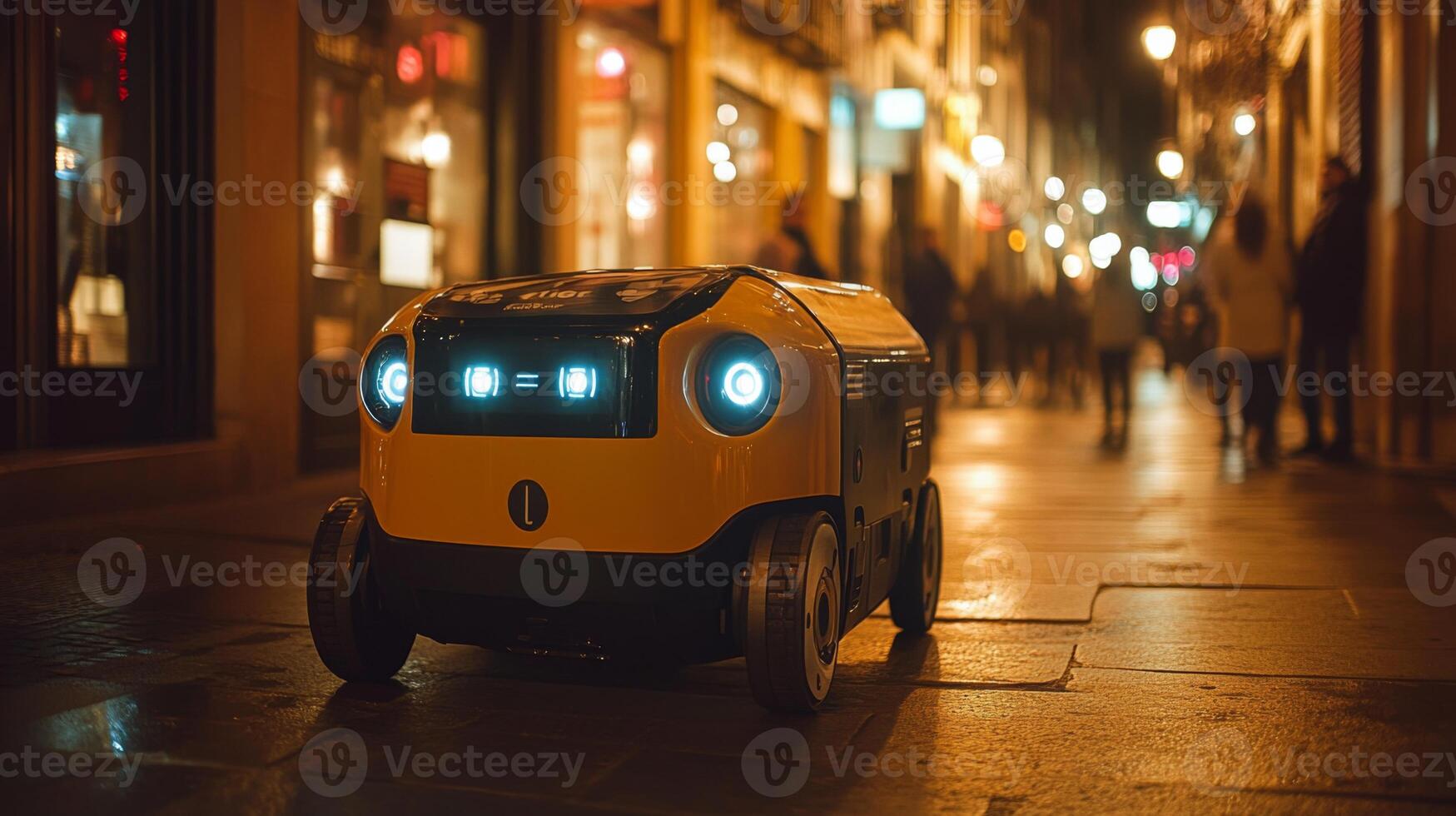 A delivery robot moves through a bustling urban street after dark, showcasing advanced mobility and automation in logistics. Its bright headlights illuminate the path ahead. photo