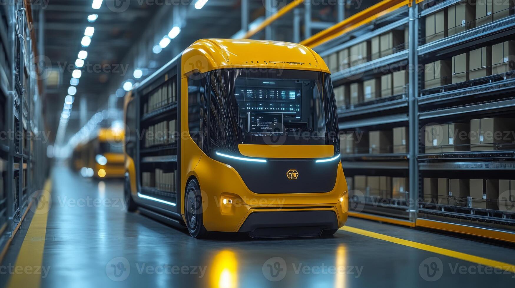 A futuristic autonomous delivery vehicle is navigating through a high tech warehouse filled with neatly organized boxes. Automation in logistics is showcased as it prepares for last mile delivery. photo