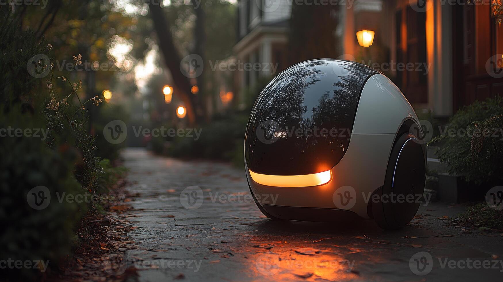 An autonomous delivery robot moves along a tree lined pathway in a suburban area, illuminated by soft street lamps as dusk settles, illustrating the future of automated logistics. photo