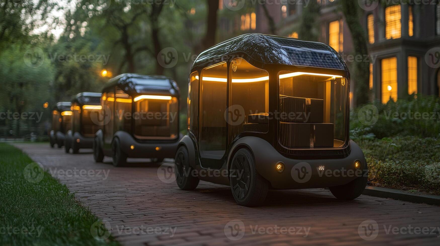 Autonomous delivery vehicles glide along a cobblestone path, bathed in soft lights, surrounded by greenery and elegant buildings, showcasing advanced logistics and transportation technology. photo