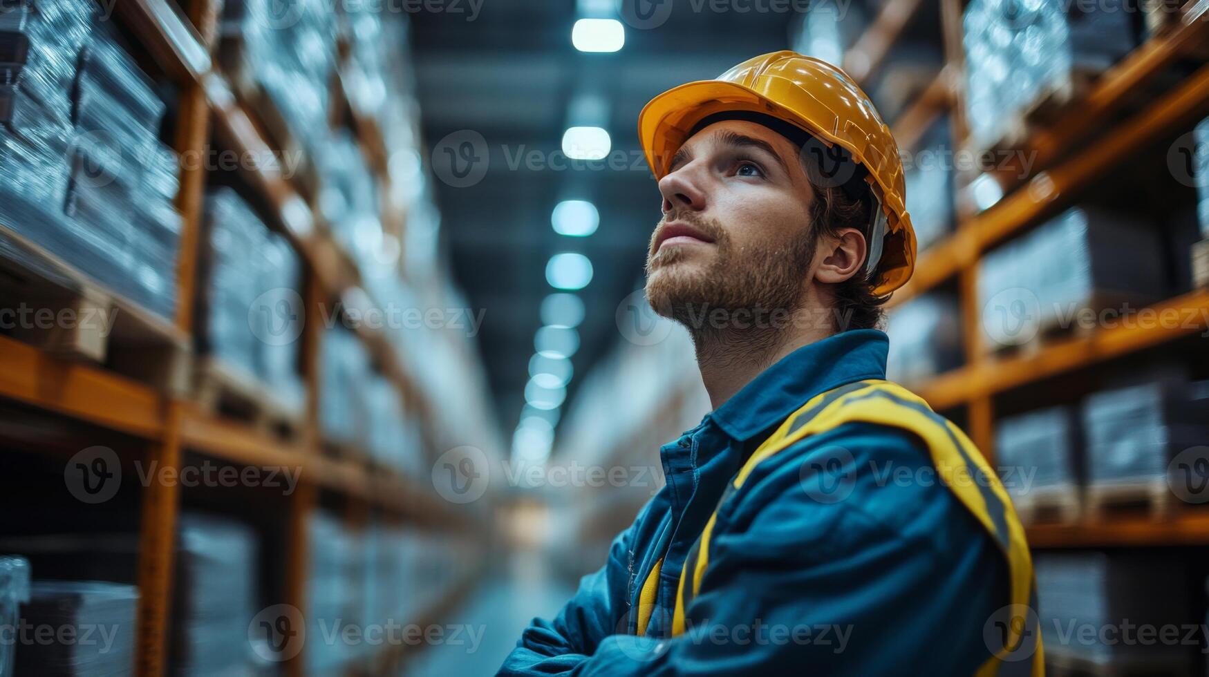 A logistics professional in a hard hat analyzes warehouse processes amidst organized shelves. The focus is on automation and efficiency in distribution and mobility solutions. photo
