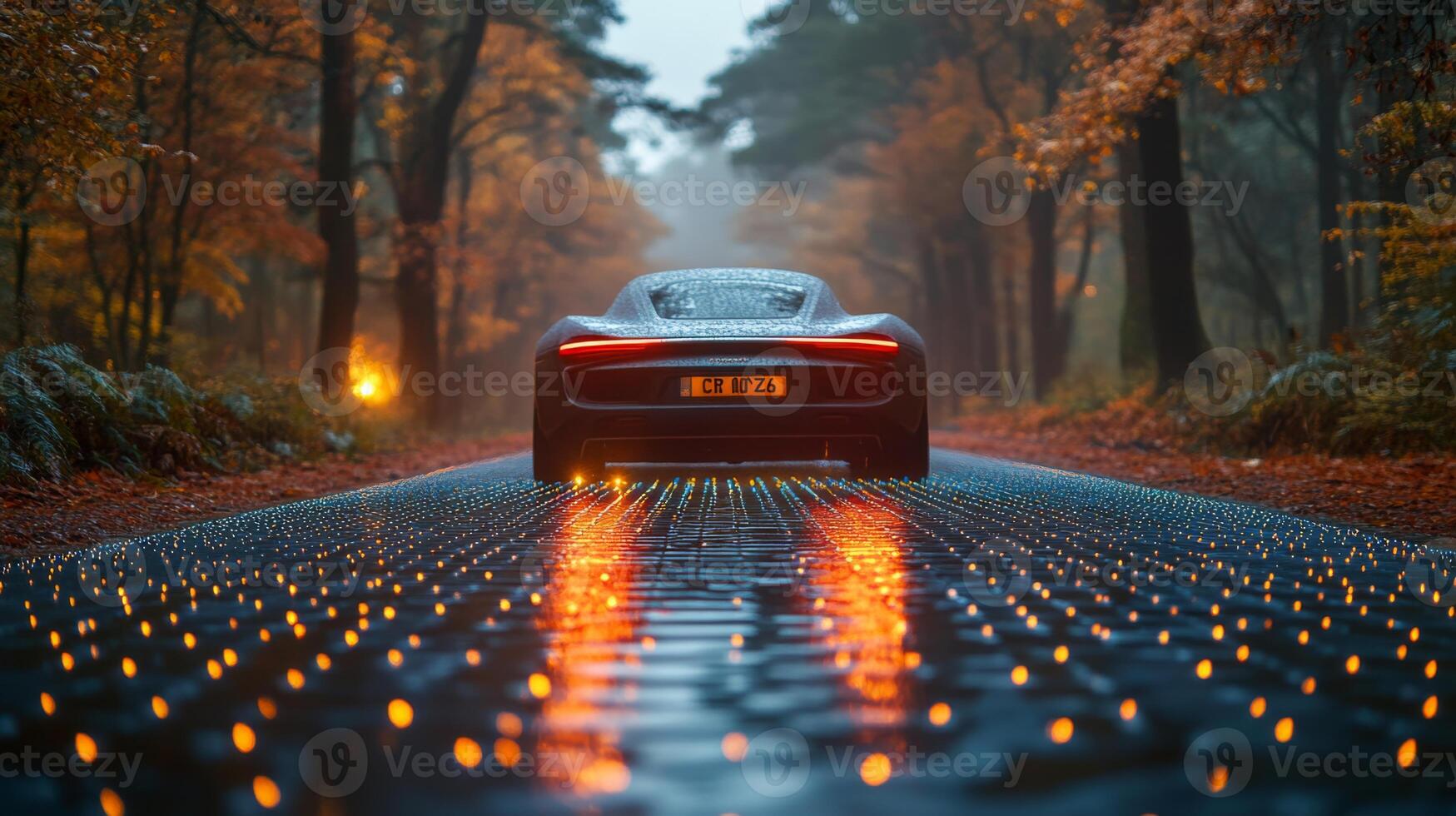 An autonomous car travels along a smart road illuminated by vibrant lights amidst a rainy autumn evening. Trees with colorful foliage create a serene backdrop, enhancing the ambiance. photo