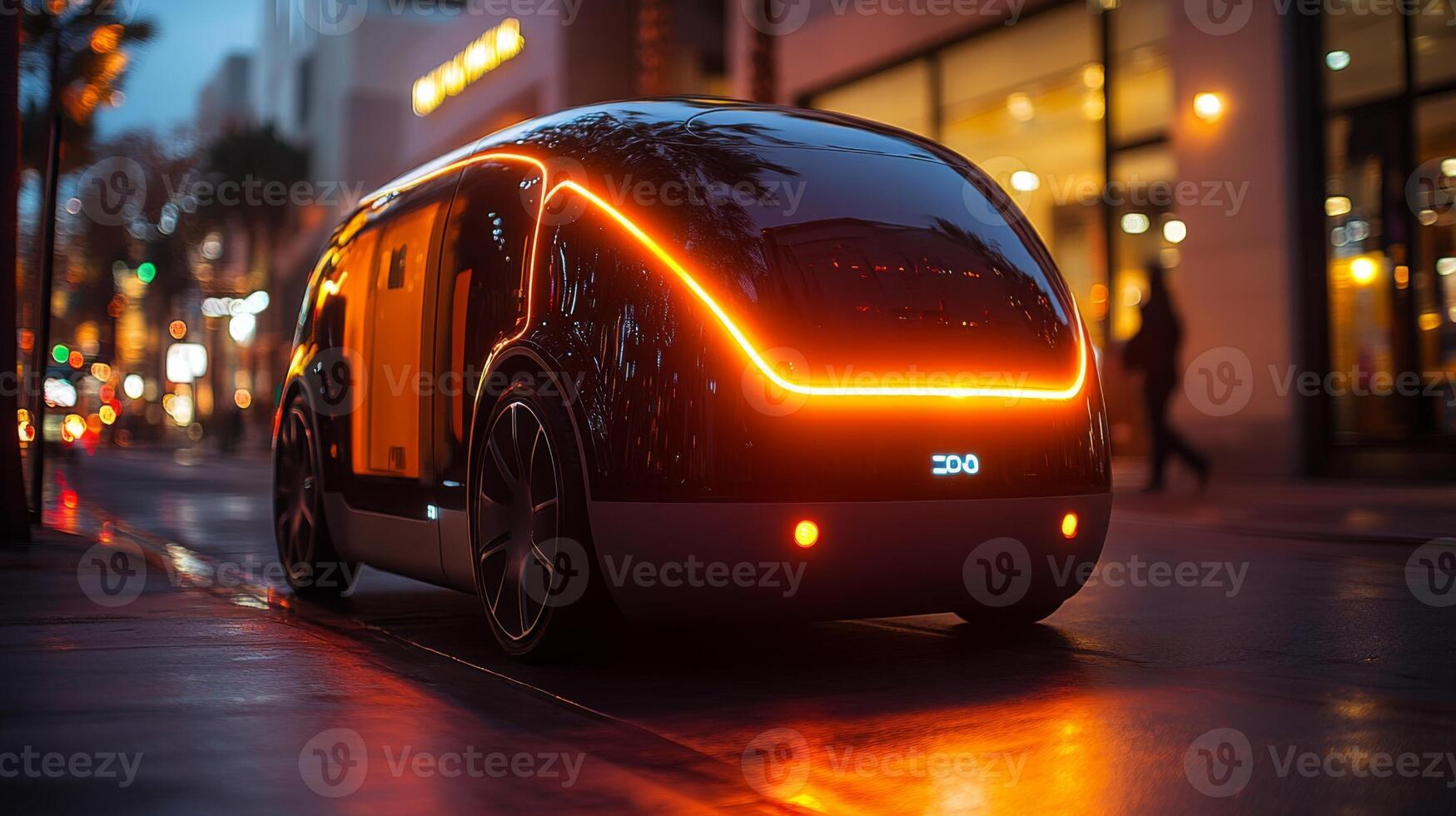 A sleek autonomous delivery vehicle with illuminated features navigates through urban streets during early evening, optimizing transportation and logistics for last mile delivery. photo