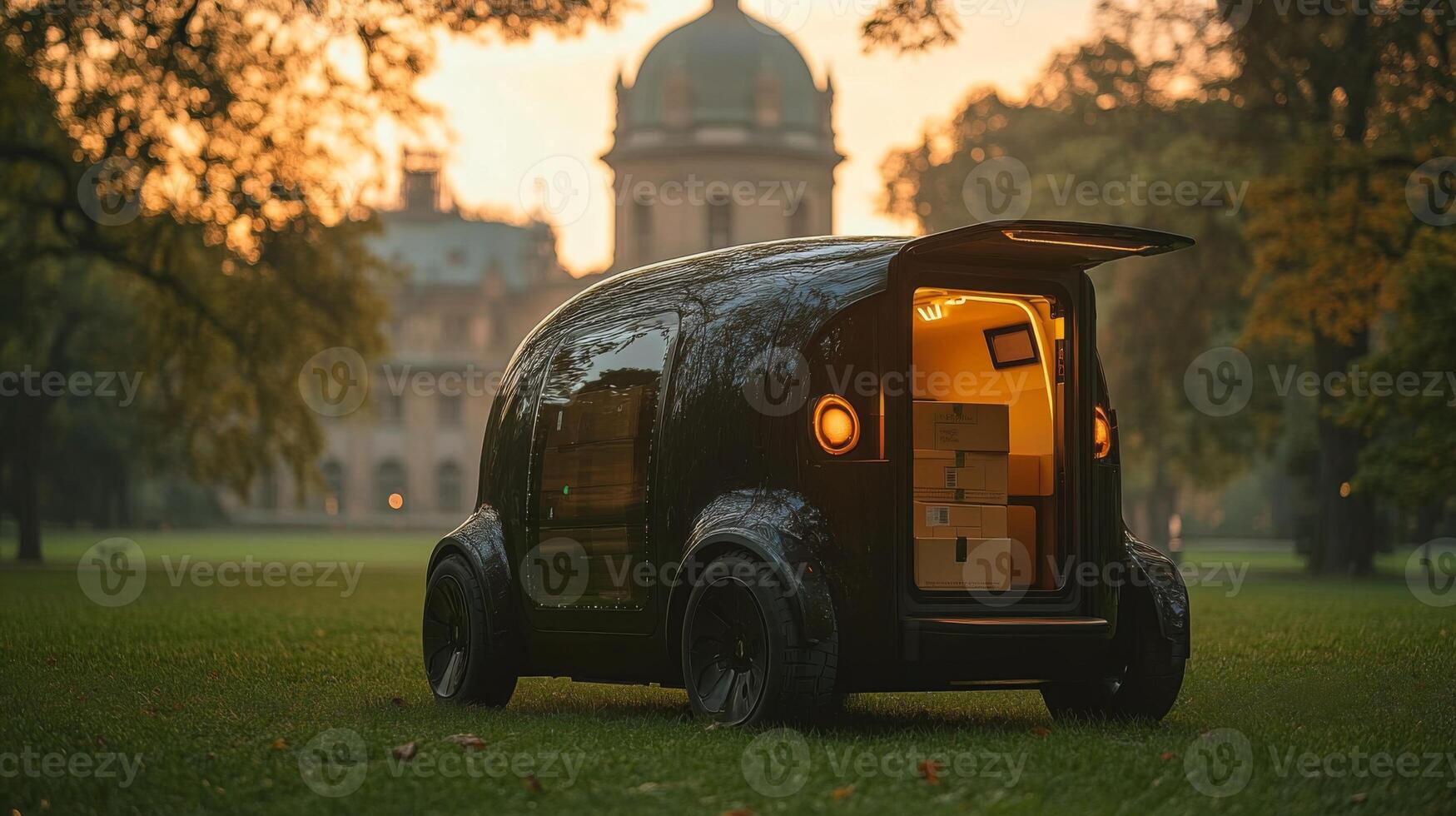 An autonomous delivery vehicle with a sleek design, parked on lush grass while showcasing boxes inside. Surrounding architecture and trees create a calm evening atmosphere. photo