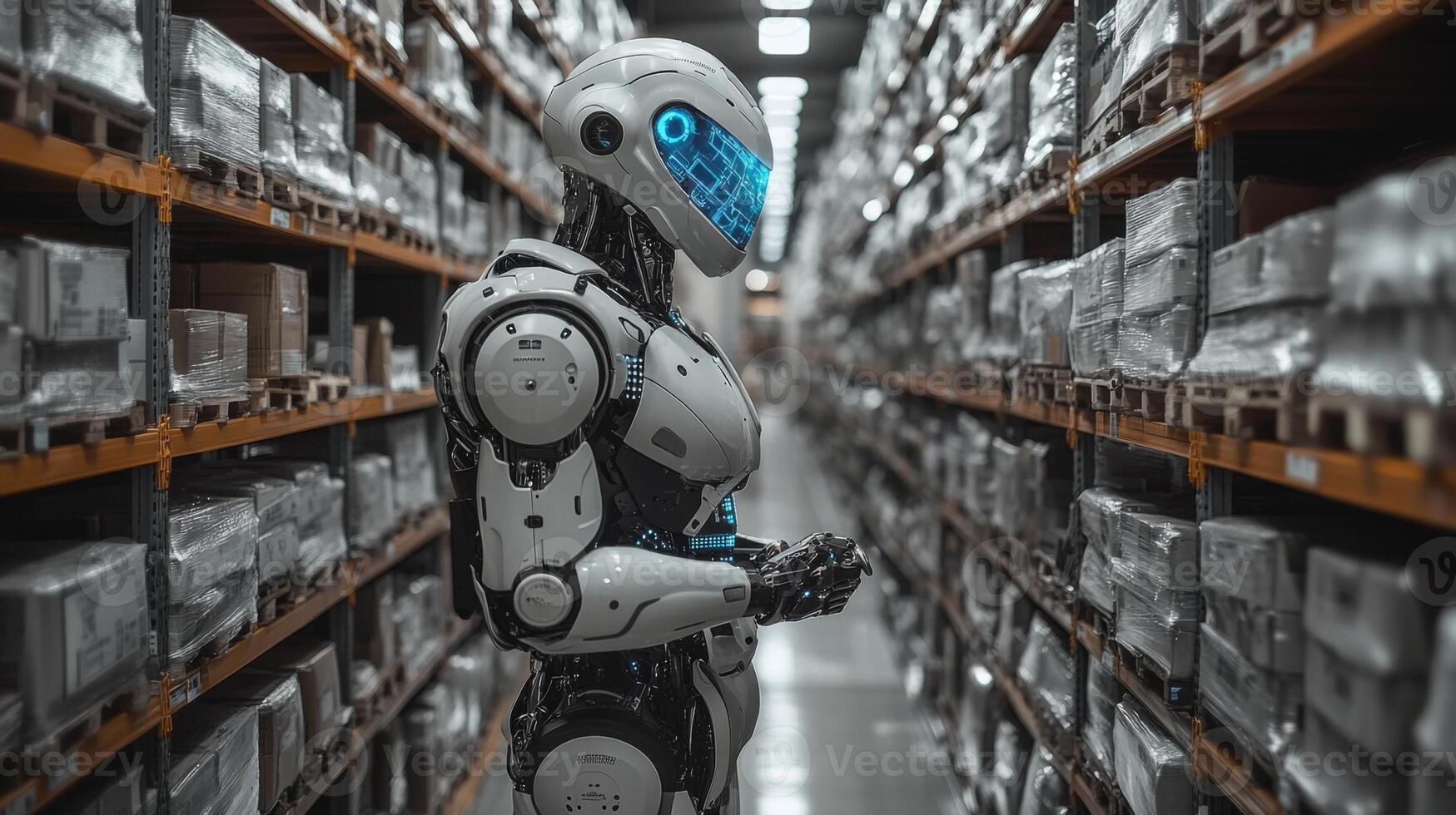 A robotic assistant stands between shelves filled with packages in a logistics warehouse, actively supporting automation in transporting goods for efficient last mile delivery. photo