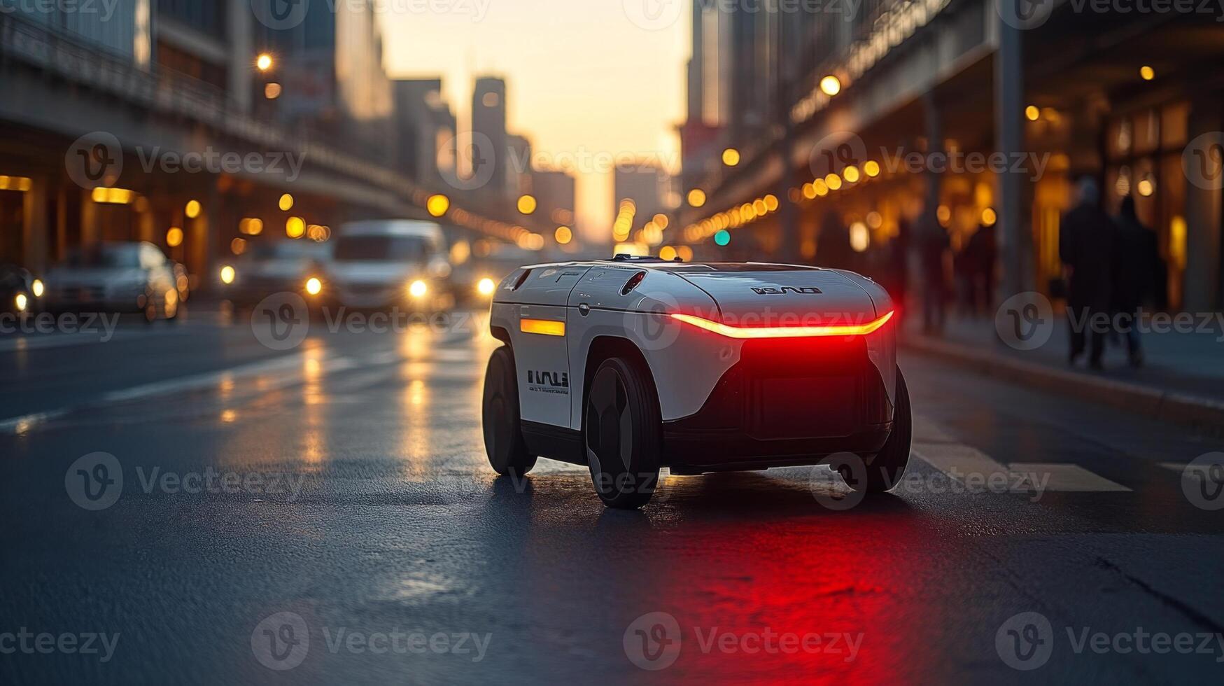 An autonomous delivery robot moves through busy city streets at dusk, showcasing the future of transportation and last mile delivery solutions in urban environments. photo