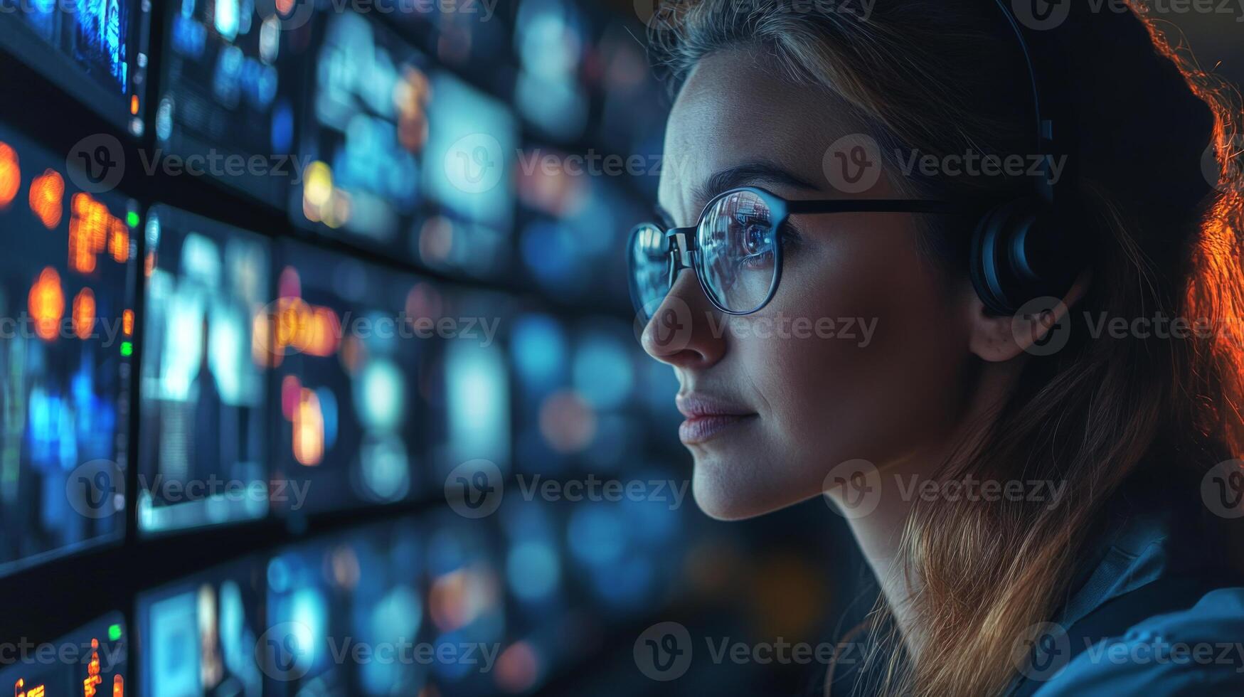 A logistics expert monitors multiple screens displaying real time data in a modern control center, enhancing automation and improving transport processes. photo