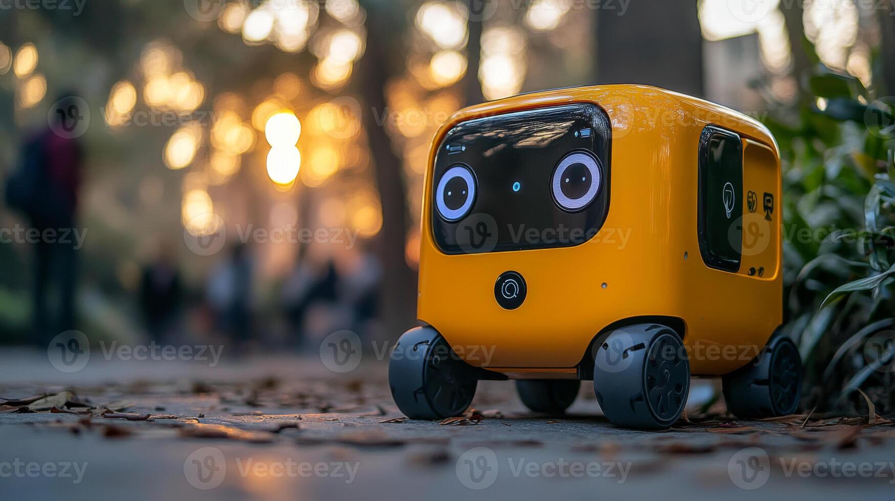 A small yellow autonomous delivery robot navigates a pedestrian path as evening light casts shadows, showcasing advanced mobility technology in a bustling urban setting. photo