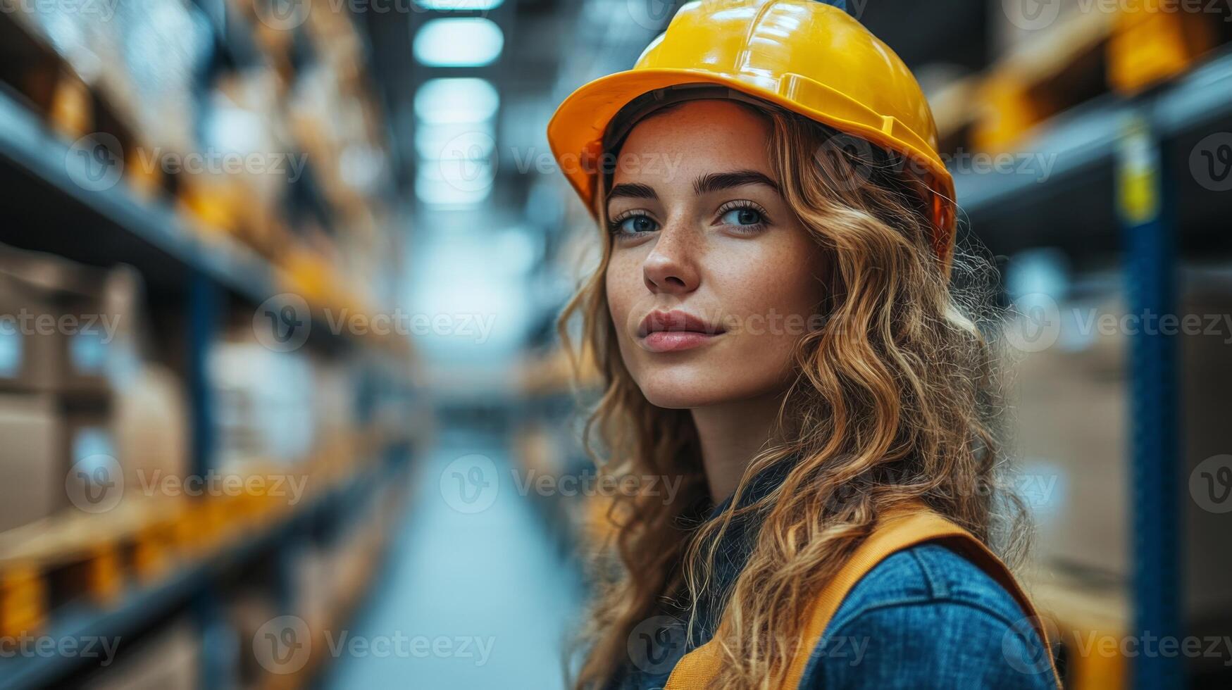 A woman in a yellow safety helmet stands confidently in a bustling warehouse surrounded by organized boxes and shelves while managing logistics and fulfillment tasks. photo