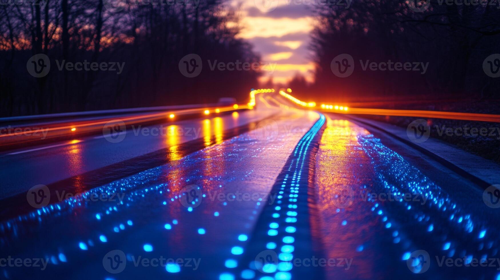 Twilight envelops a smartroad system showcasing illuminated lanes and sensors designed to improve transportation, promote automation, and enhance vehicle connectivity for safer travel. photo