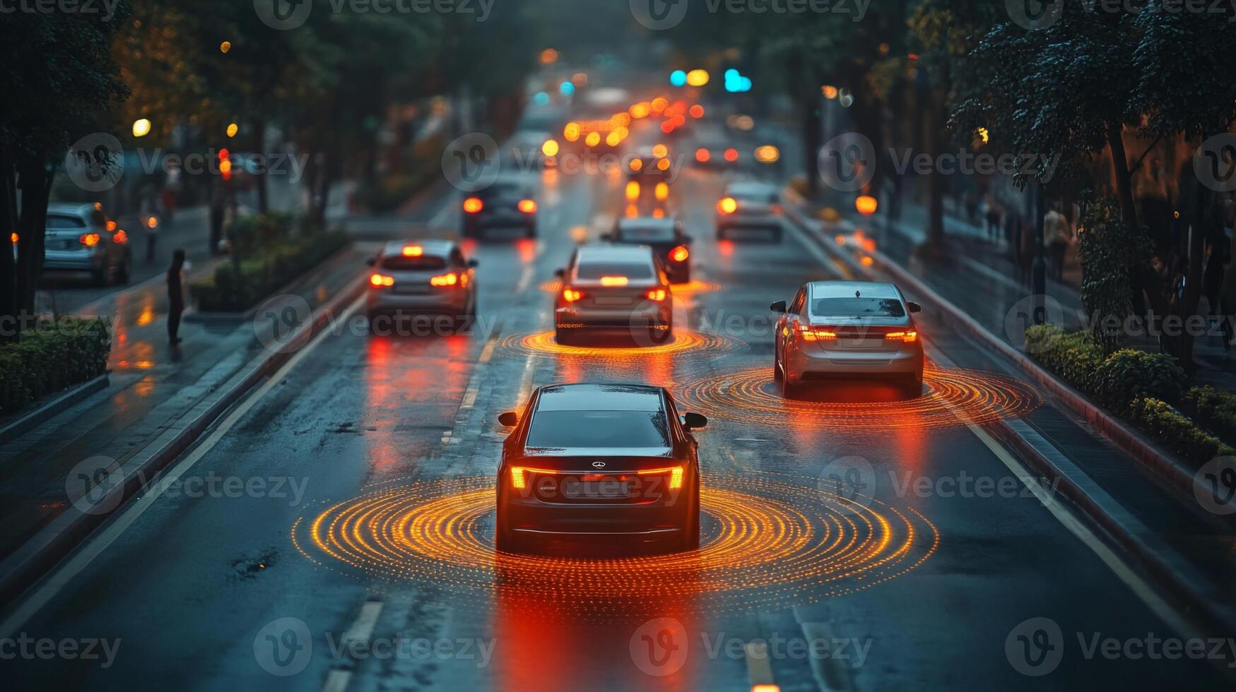 Vehicles navigate a smart road equipped with advanced sensor technology, showcasing automated connectivity and communication amid rainfall in a bustling city environment. photo