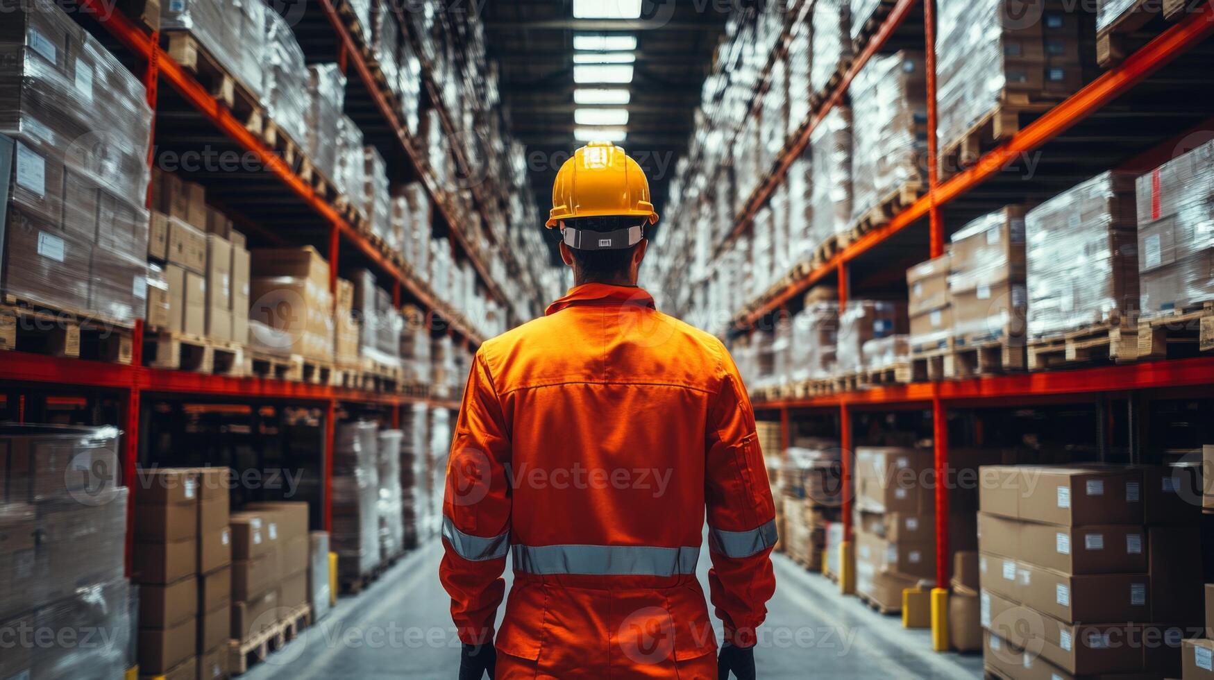 A logistics worker in bright safety gear stands among towering shelves filled with boxes in an automated warehouse. Efficient sorting and distribution are visible. photo