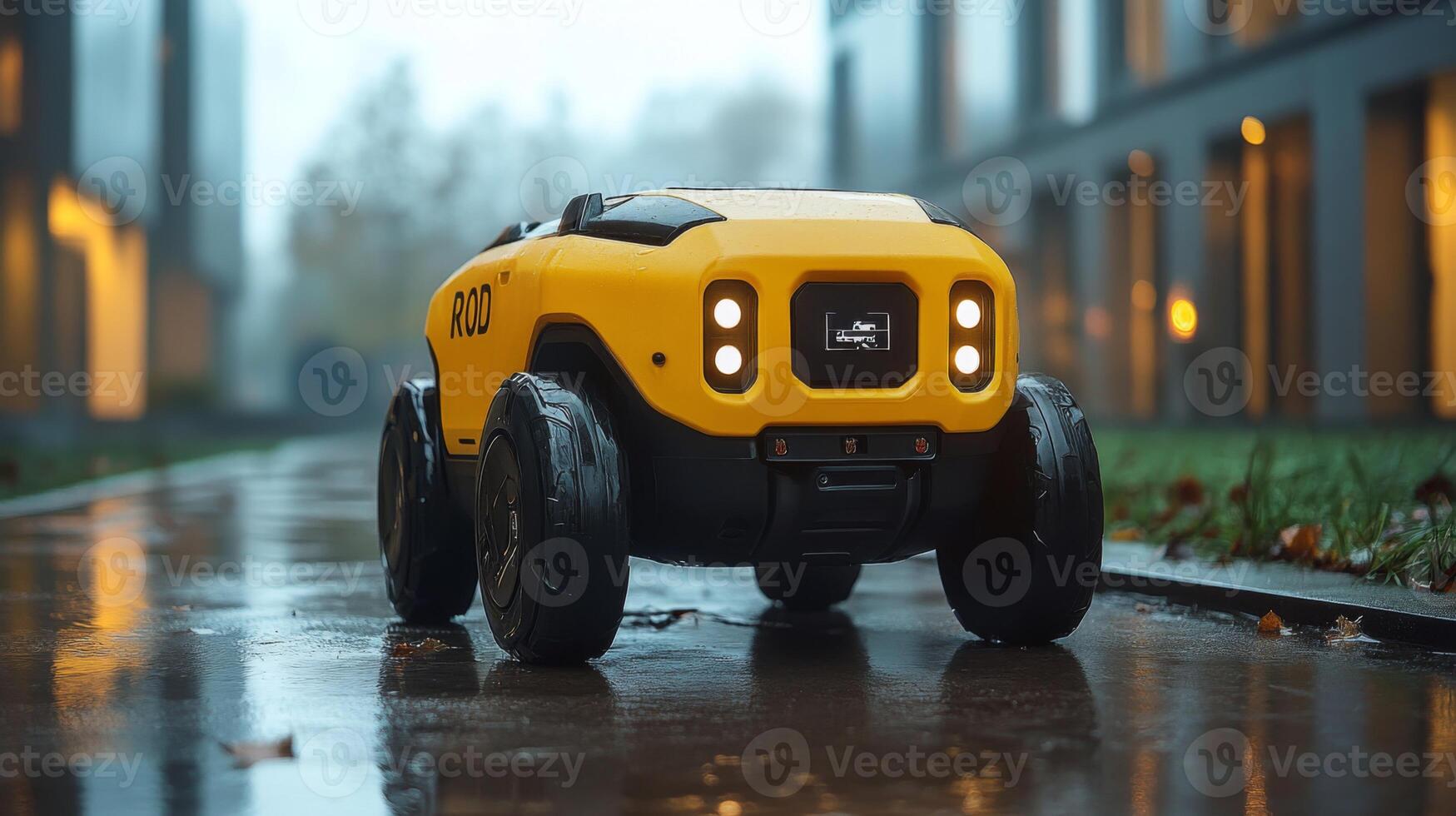 A robotic delivery vehicle designed for last mile logistics travels on a wet surface in an urban setting, demonstrating automation and mobility under rainy conditions. photo