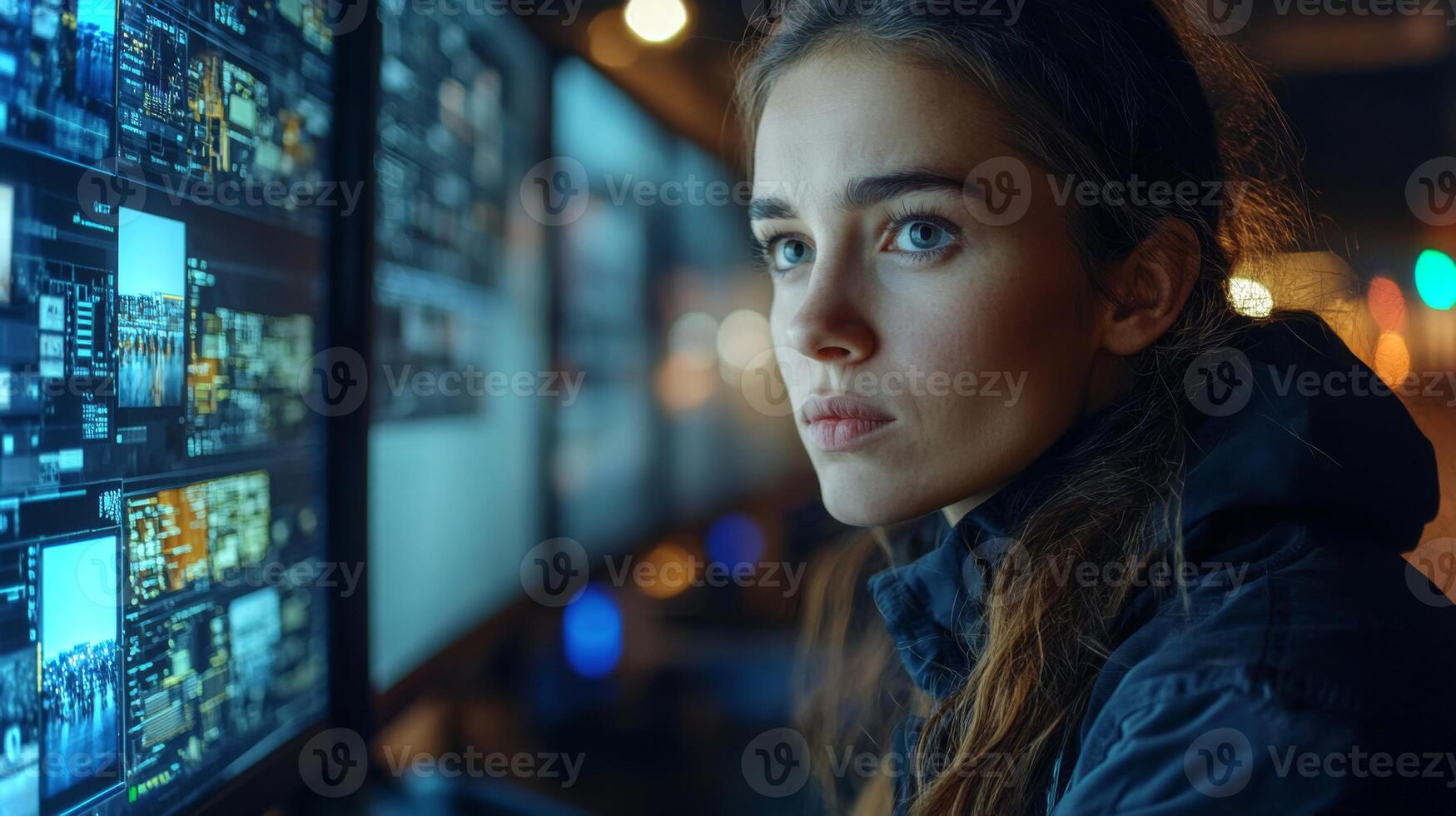 The logistics automation expert focuses intently on multiple screens displaying real time data. This occurs late at night in a cutting edge transportation facility, emphasizing efficient operations. photo