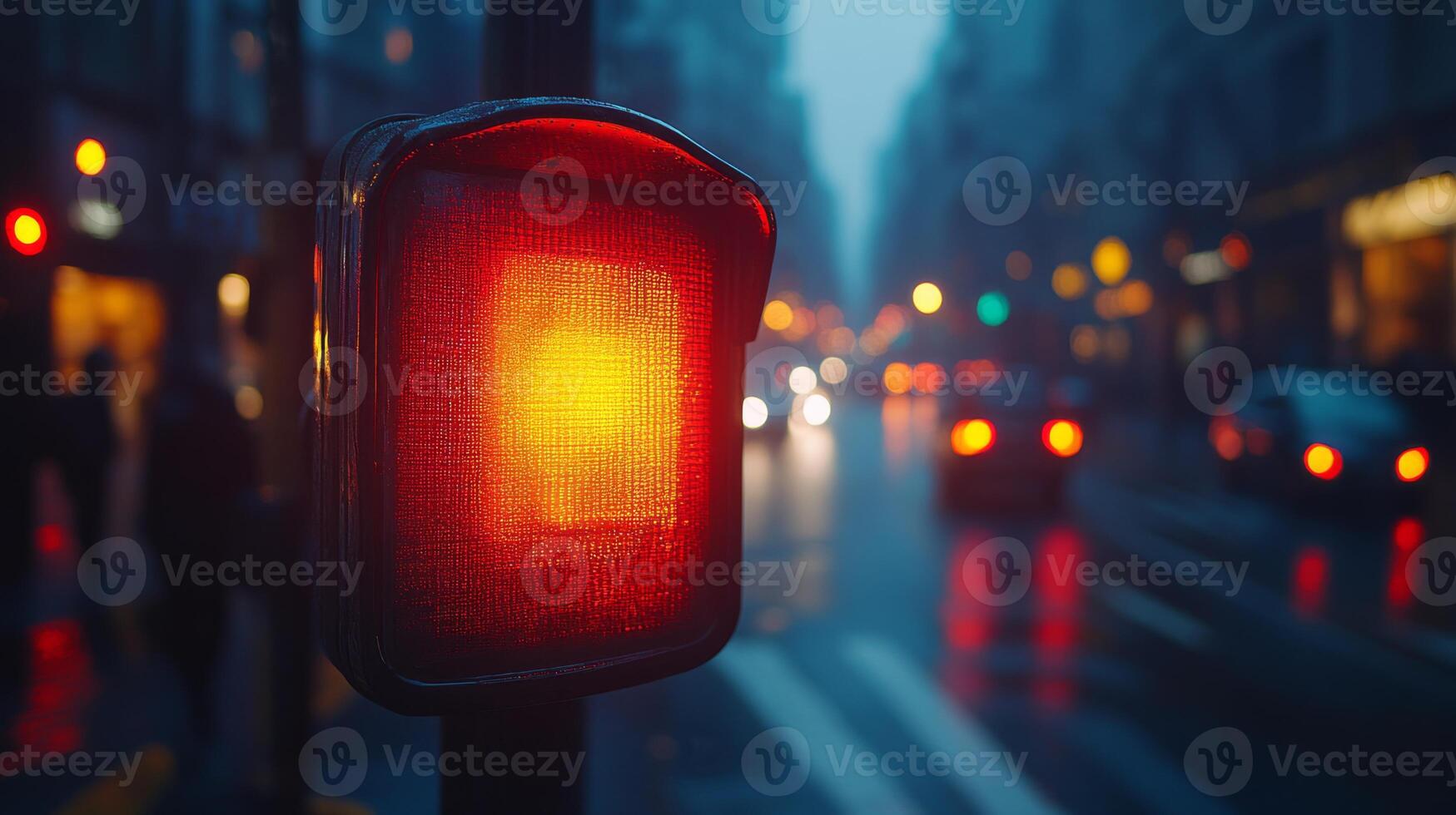 Red traffic signal stands out amidst blurred vehicles in a busy urban street during twilight, indicating pauses in mobility and emphasizing smart road technologies and sensor integration. photo