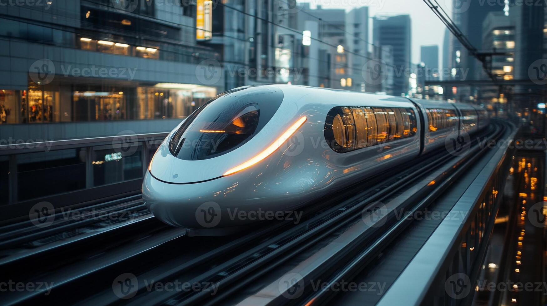 A sleek smart train approaches a bustling cityscape at dusk, highlighting the synergy of advanced transportation technologies and urban mobility solutions in a vibrant environment. photo